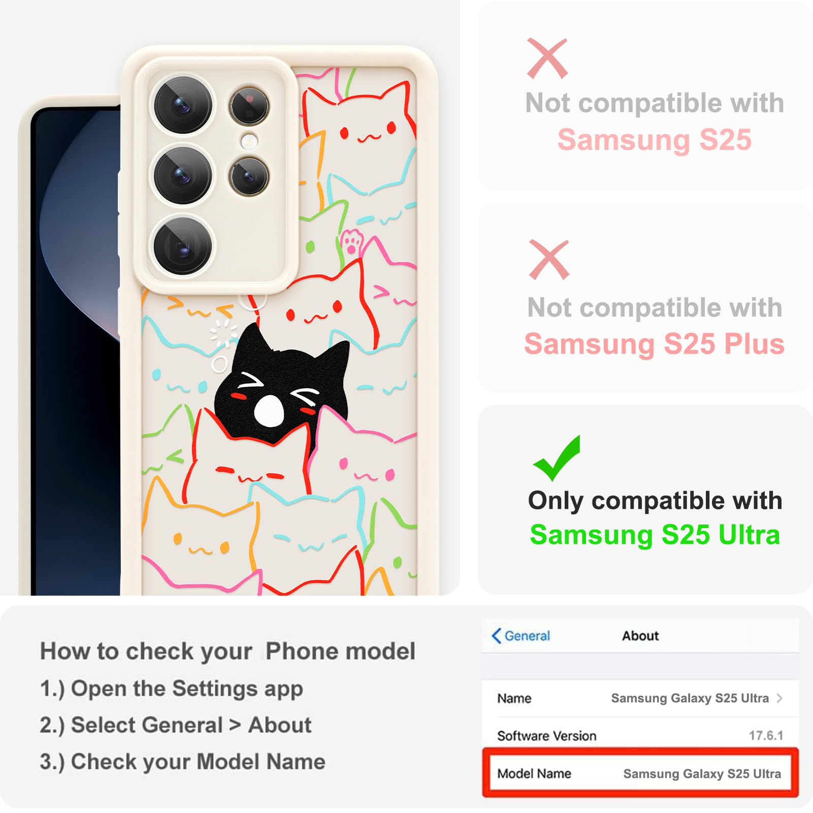 Bonita funda para Samsung Galaxy S25 Ultra con diseño de gato y gatos negros para mujeres y niñas, diseño de animales kawaii, suave, a prueba de golpes, protección contra caídas, color blanco
