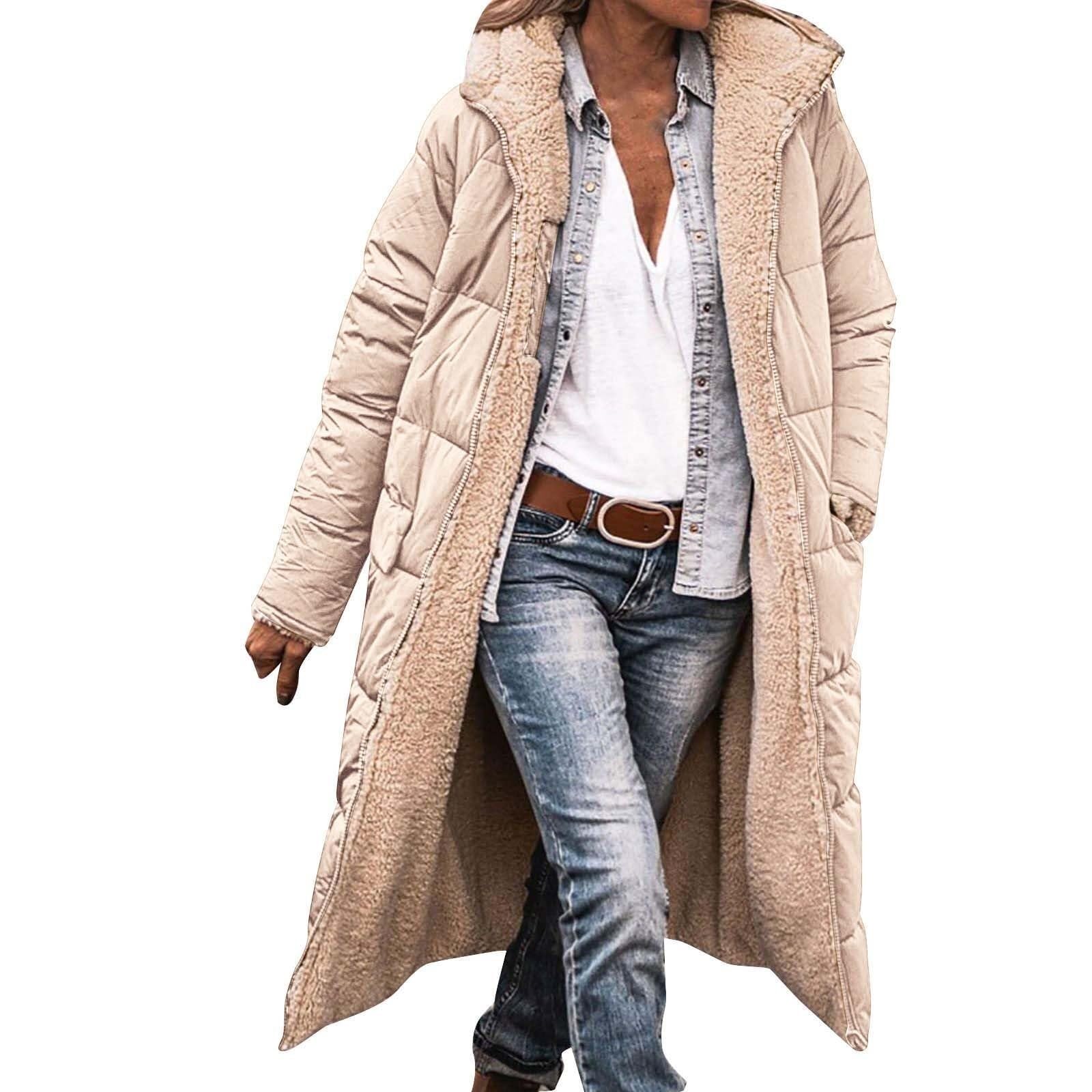 Lockenstab Women's Beige Winter Coats For Uk Fleece Lined Warm Outerwear Padded Puffer Jackets Quilted Down Coat Full Zip Hooded Longline Raincoat Jacket(,Medium)