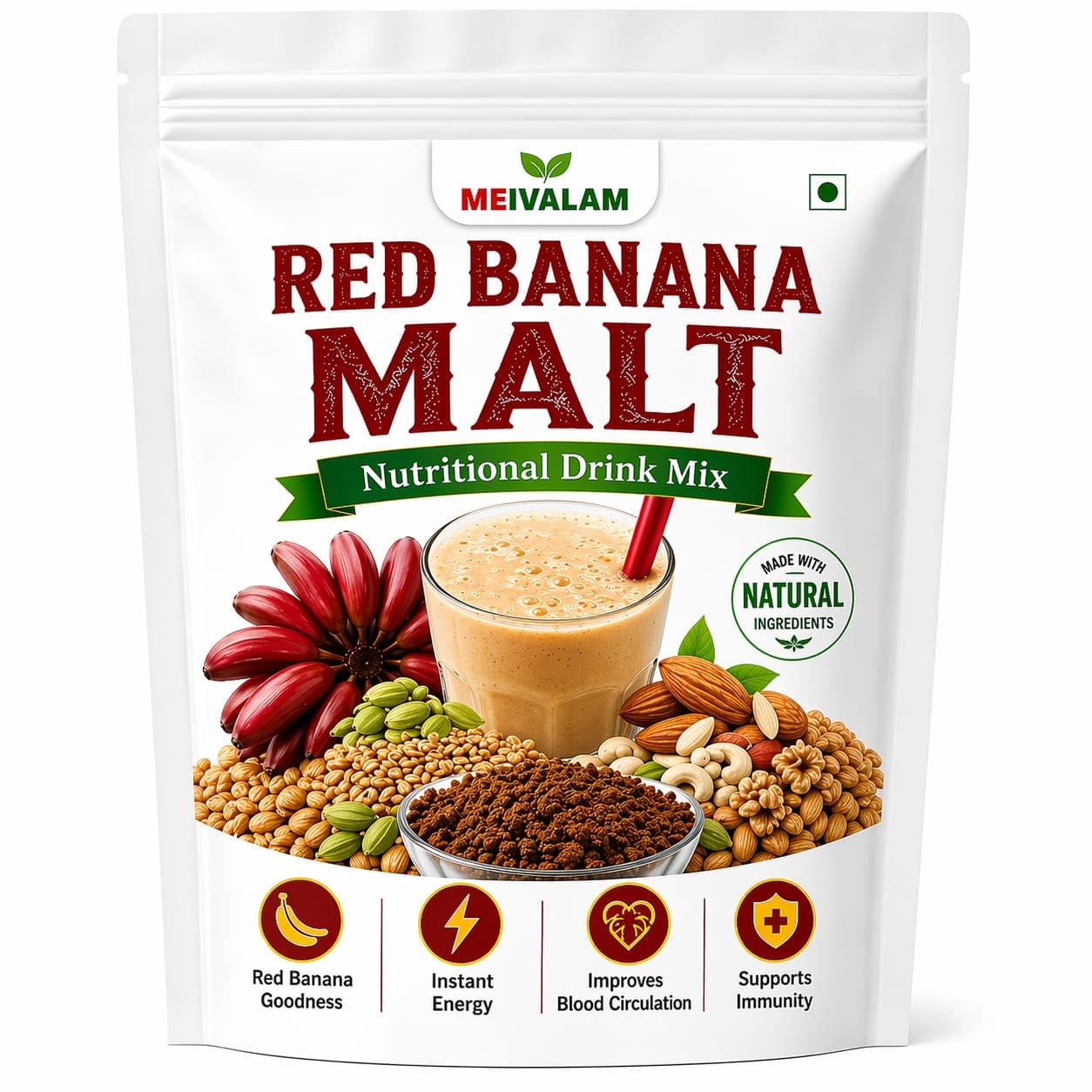 Red Banana Malt Health Drink Mix with Cashew, Almond, Pistachio & Walnut, Cane Sugar, Energy & Immunity Support, Nutritional Powder | Pack of 1-picture-15