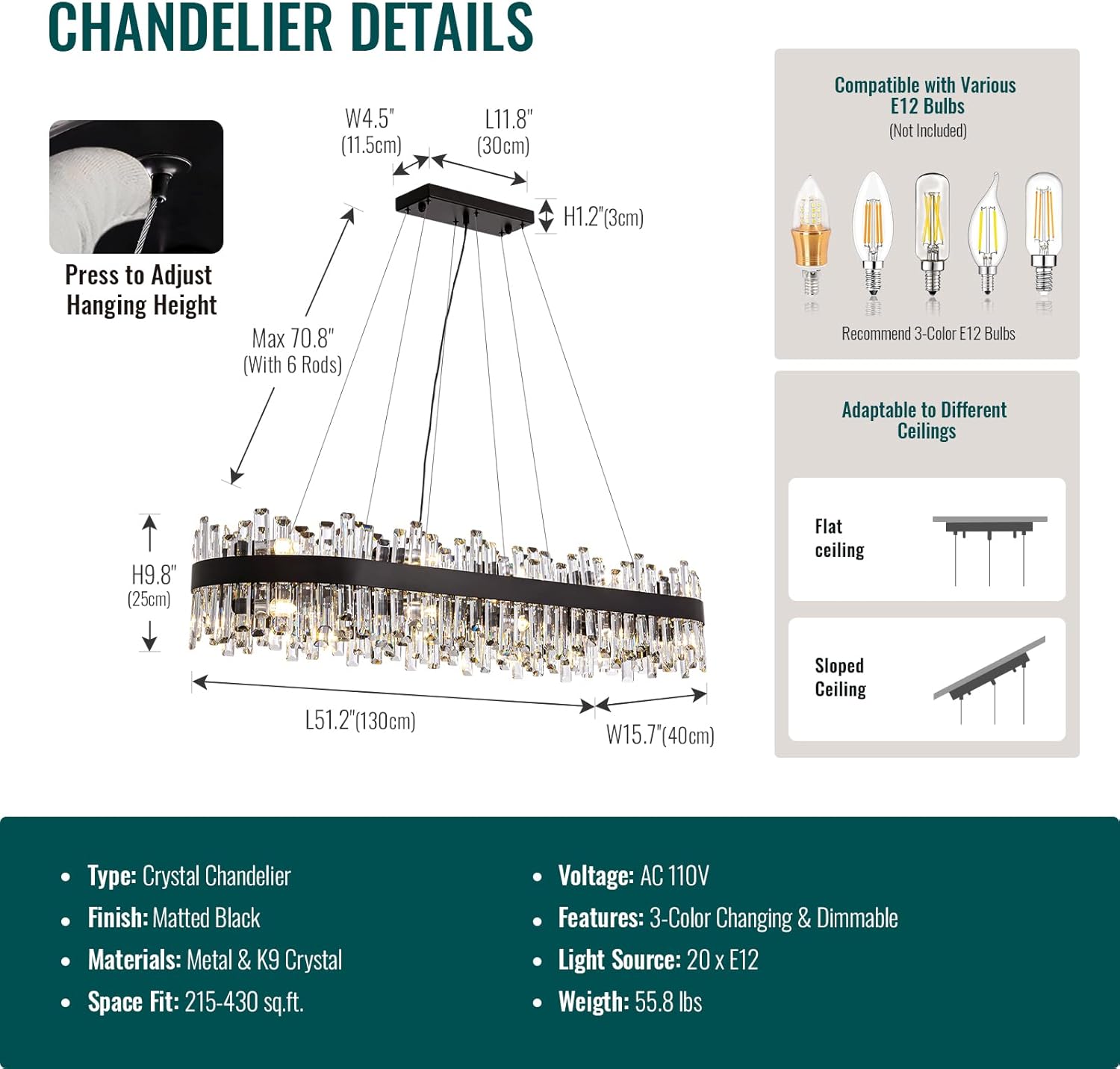 CROSSIO Large Rectangular Crystal Chandelier for Dining Room, 20-Light Modern 2-Tiers Oval Flush Mount Pendant Ceiling Light Fixture for Living Room Kitchen Island Bar 52 Inches