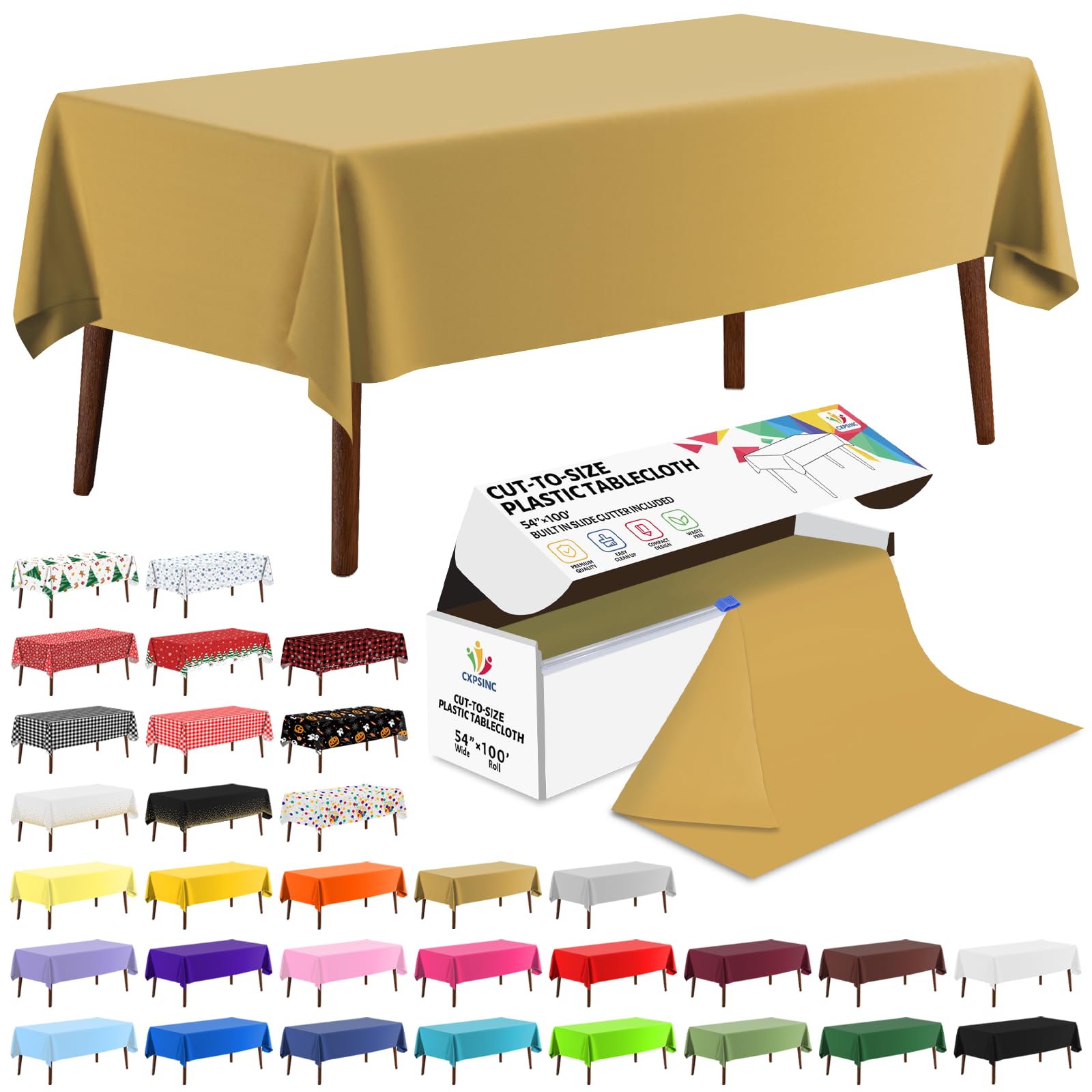 CXPSINC 54 Inch X 100 Feet Plastic Table Cover Roll Disposable Tablecloth with Slide Cutter for All Type/Shape Tables | Party, Banquet, Birthdays, Weddings(Gold, 100 Feet)