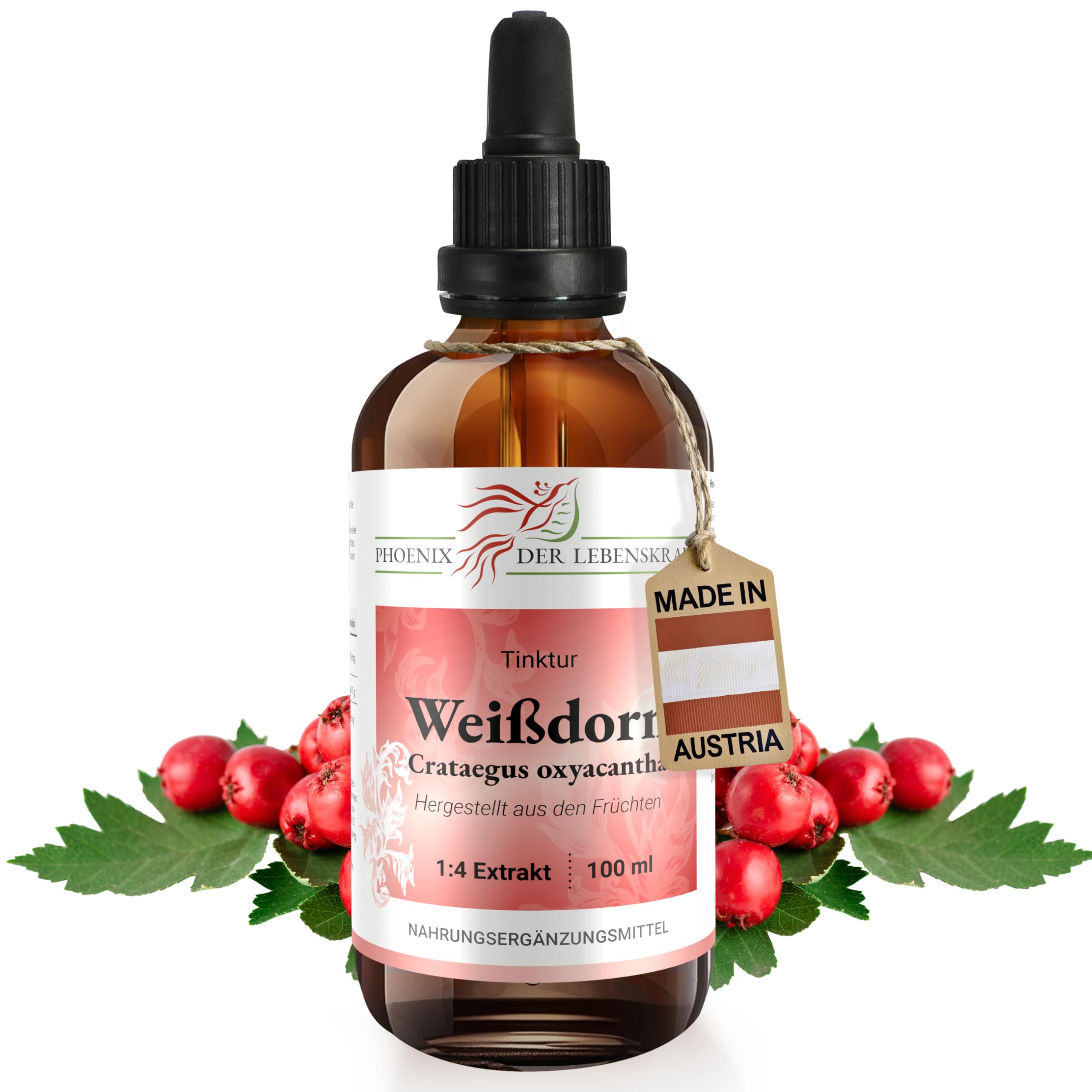 Weißdorn Tinktur - 100 ml, Crataegus oxyacantha Tropfen, 1:4 Extrakt, Top Premium Qualität, Hergestellt in Österreich, Vegan