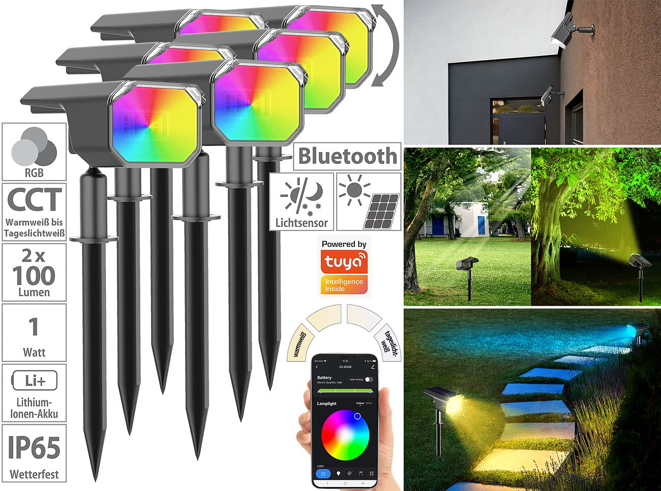 Luminea Home Control Erdspieß Strahler Solar: 6er-Set smarte Solar-Spots, RGB-CCT-LED, 100 lm, 2.200 mAh, 1 W, IP65 (Solarstrahler mit App, LED Solarspot, iPad)