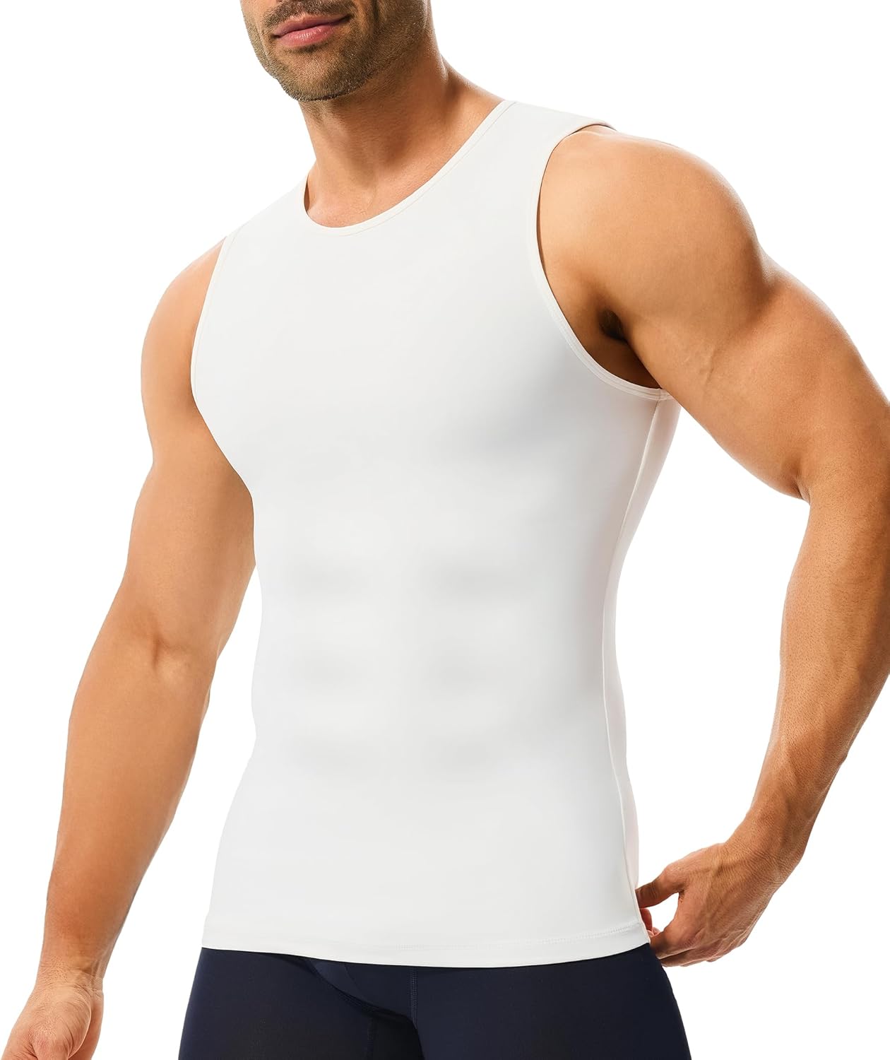 Nebility Shapewear Mens Compression Shirt Tummy Body Shaper Undershirt Gynecomastia Athletic Vest Sleeveless Workout Tank Top(White,Large)