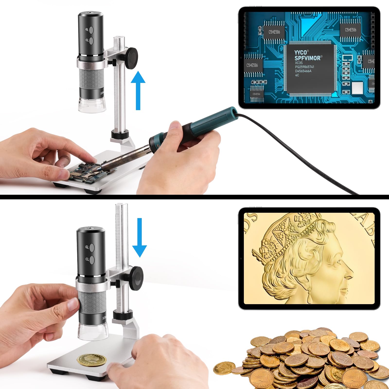 Mikroskop Mostanne 4K z metalowym uchwytem Pro, aparat cyfrowy mikroskop o rozdzielczości 3840 x 2160, powiększenie 50X do 1000X, kompatybilny z tabletami iPhone Android Mac Chrome Linux i Windows