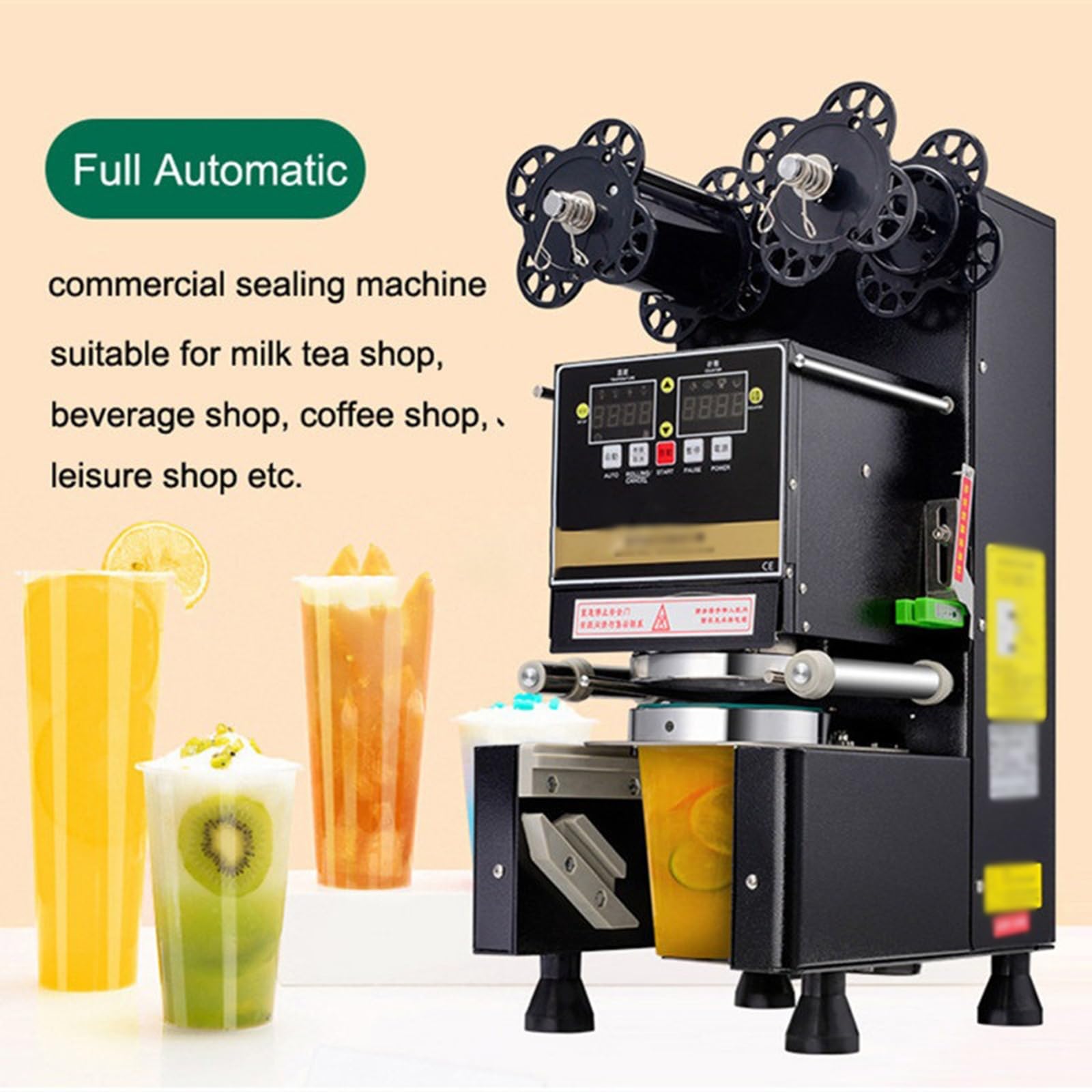Máquina selladora de vasos Máquina de sellado automático de papel y plástico, sello Universal, tienda comercial de té de la leche, máquina selladora de vasos for bebidas y leche de soja Selladora para