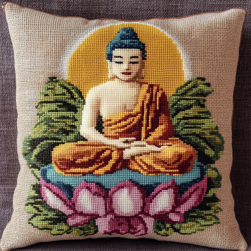 Walluminati 11CT Stamped Cross Stitch Pillow Kits, Buddha Statues Embroidery Pillow Cases Stamped Embroidery Kit Cross Stitch Pillow Cases Handmade Cushion Cover for Home Decor 18x18inch