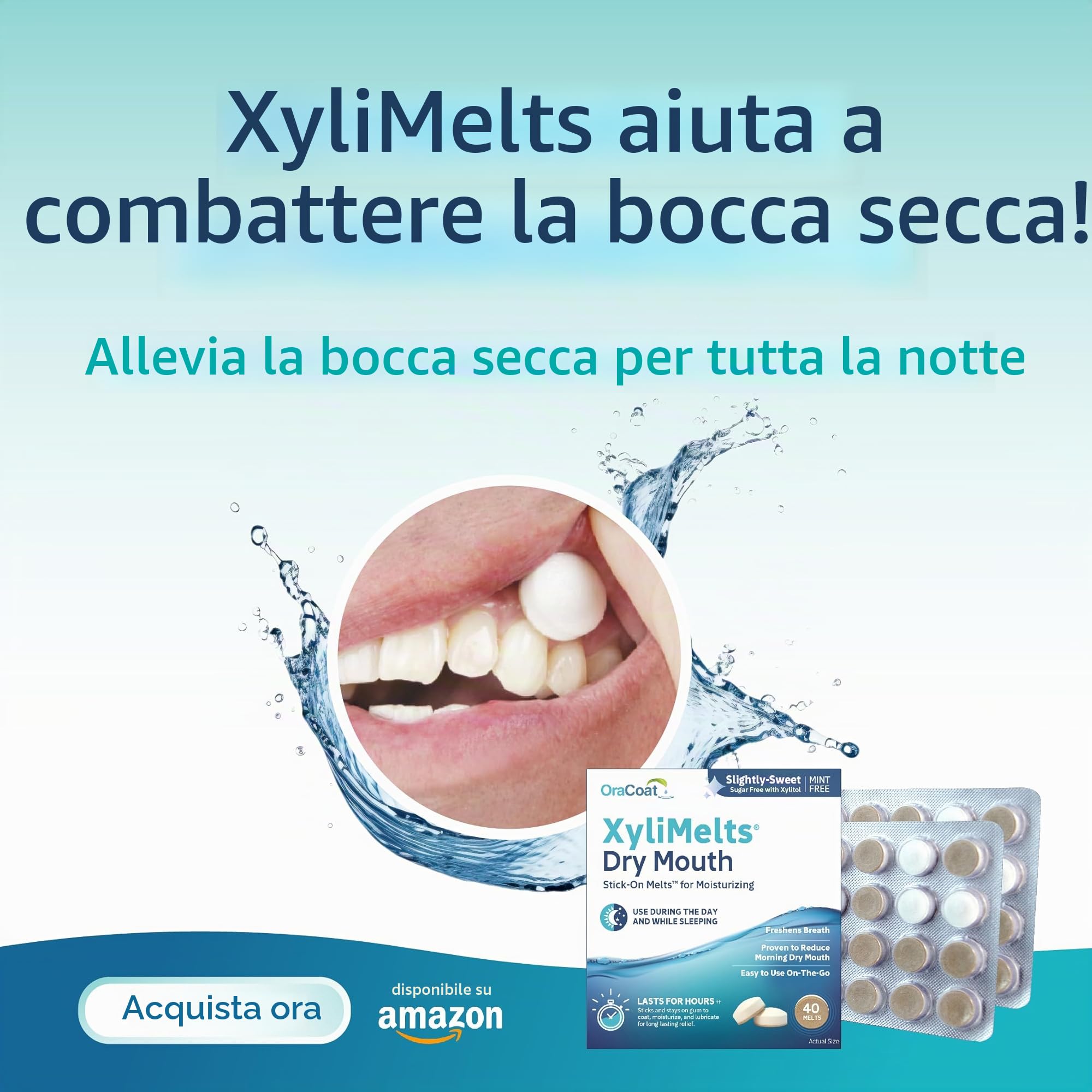 XyliMelts Natura, 80 pezzi, pastiglie adesive contro la secchezza delle fauci notturni, idratano la bocca durante il sonno per 4-8 ore, con xilitolo: sapore leggermente dolciastro, contro la bocca