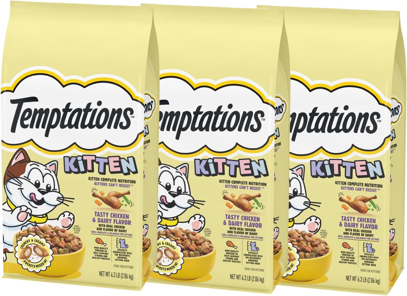Temptations Kitten Cat Food Dry, Chicken & Dairy Kitten Food, 6.3 lb. Bag (Pack of 3)