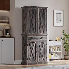 DWVO 72'' Farmhouse Kitchen Pantry, Rustic Wood Kitchen Storage Cabinets with Adjustable Shelves & Drawer, Tall Freestanding Cupboard for Dining Room, Living Room, Retro Gray