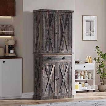 DWVO 72'' Farmhouse Kitchen Pantry, Rustic Wood Kitchen Storage Cabinets with Adjustable Shelves & Drawer, Tall Freestanding Cupboard for Dining Room, Living Room, Retro Gray