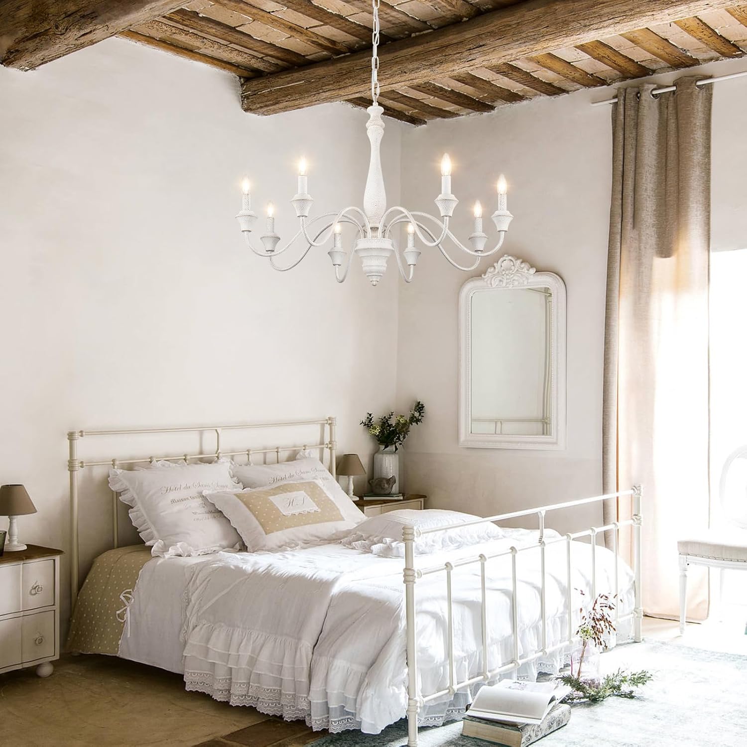 French Country Chandelier, 8-Lights Farmhouse Chandeliers for Dining Room Distressed White Chandelier, Rustic Candle Chandelier for Living Room Bedroom Kitchen