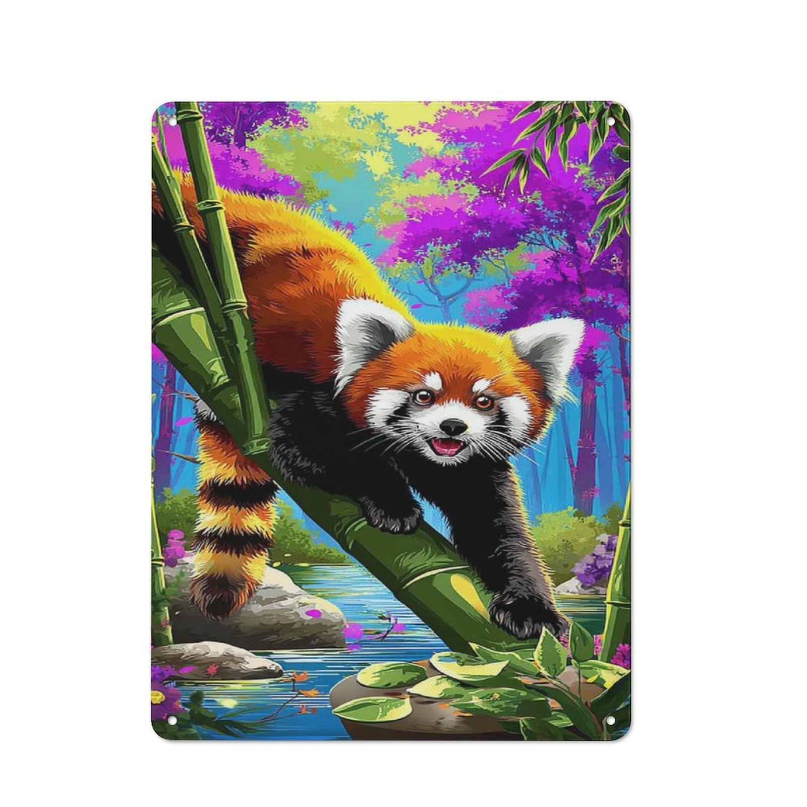 Junmoney Red Panda In Bamboo Forest -1 Tin Wall Plaque With Design 40X30cm, Farmhouse Rustic Kitchen Decor For Dining Room, Cafe, Entryway Or Family Room