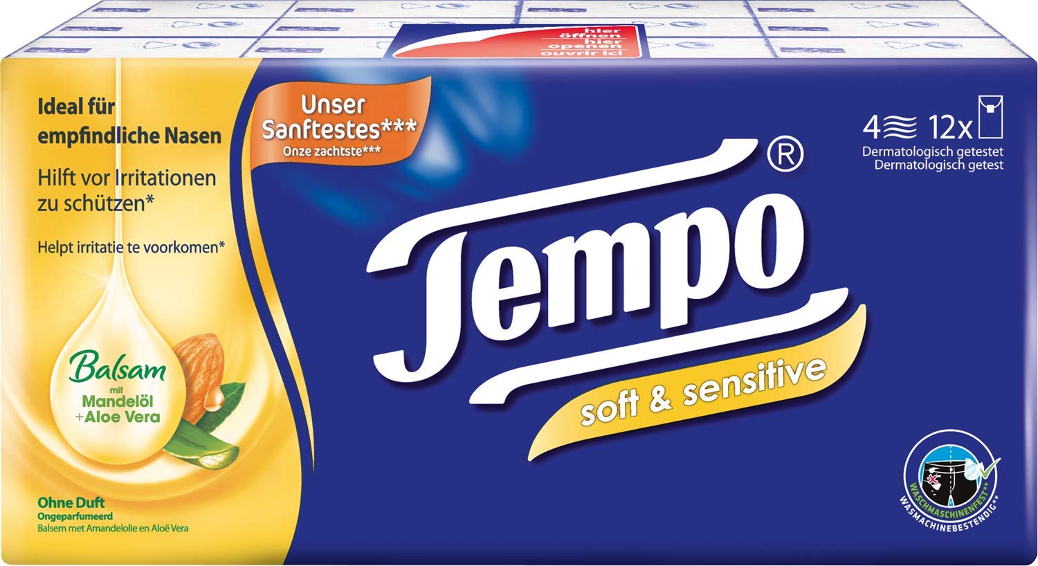 Tempo Chusteczki higieniczne Plus, 4-warstwowe ręczniki papierowe w sprawdzonej jakości Tempo z aloesem i olejkiem migdałowym, 12 x 9 chusteczek (108 chusteczek)