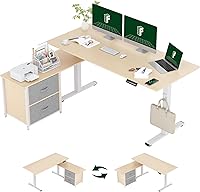 FlexiSpot 63" L-Shaped Standing Desk with Reversible Drawers & Shelves - Adjustable Height Corner Workstation for Home Office, Light Wood/White