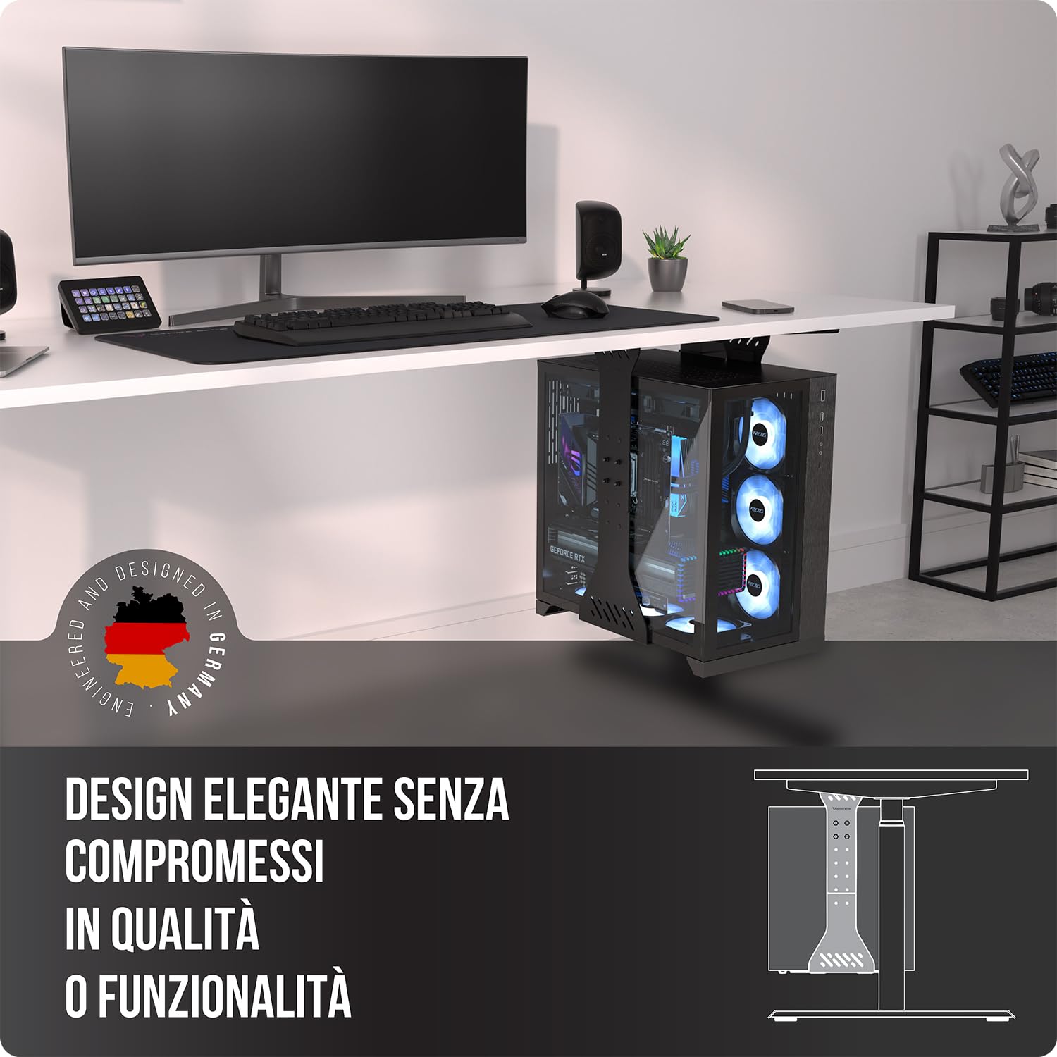 Carico pesante supporto PC scrivania – Fino a 35 kg – Personalizzabile staffe per pc - Supporto computer scrivania - Supporto case pc - Porta pc fisso (nero)
