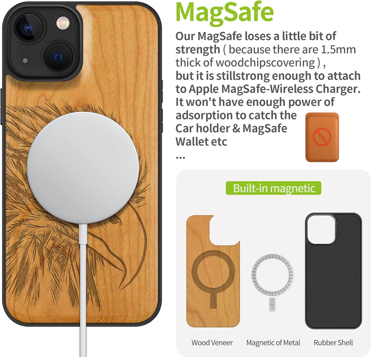Carveit Magnetic Wood Case for iPhone 13 Case [Natural Wood & Black Soft TPU] Unique & Classy Wooden Shockproof Protective Cover Compatible with magsafe (Bald Eagle -Cherry)