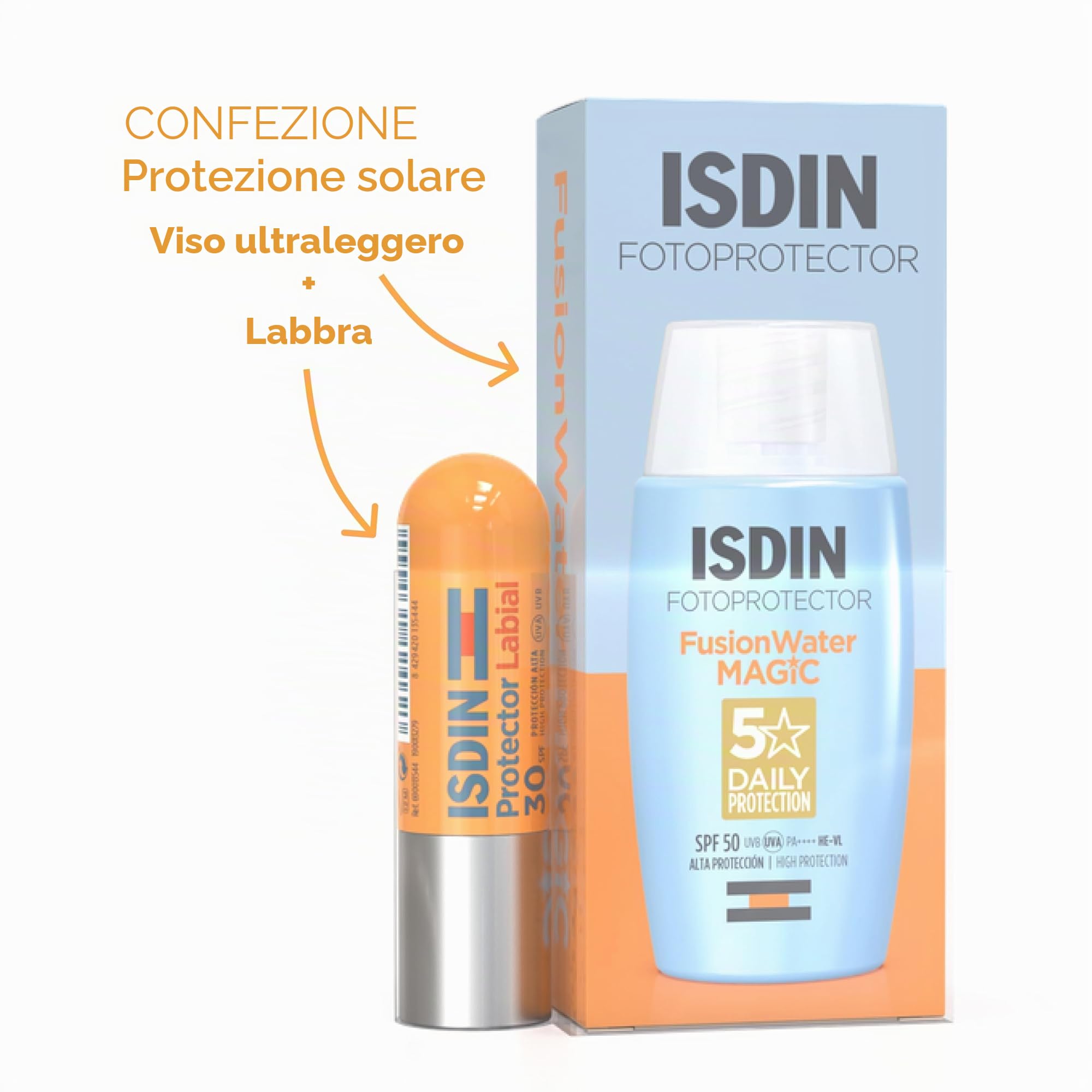 ISDIN Set Fusion Water MAGIC SPF 50 (50 ml) + balsamo per labbra SPF 30 (4 g), protezione solare ultra leggera per viso e labbra, a base d'acqua, non brucia negli occhi