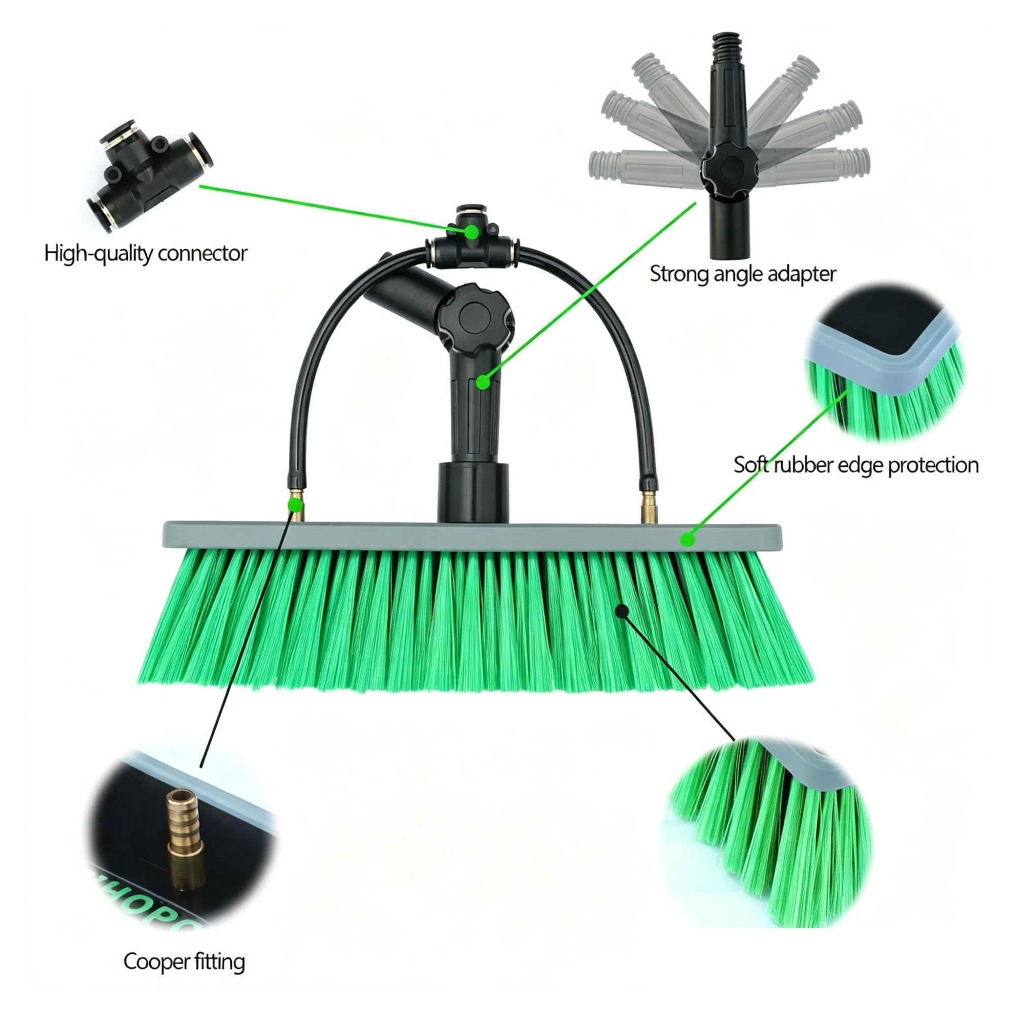 Accessorio for la pulizia del pannello solare con testina for finestre alimentata ad acqua con flusso passante | Bordo in gomma morbida, setole in PET, doppia filettatura ACME e Germania