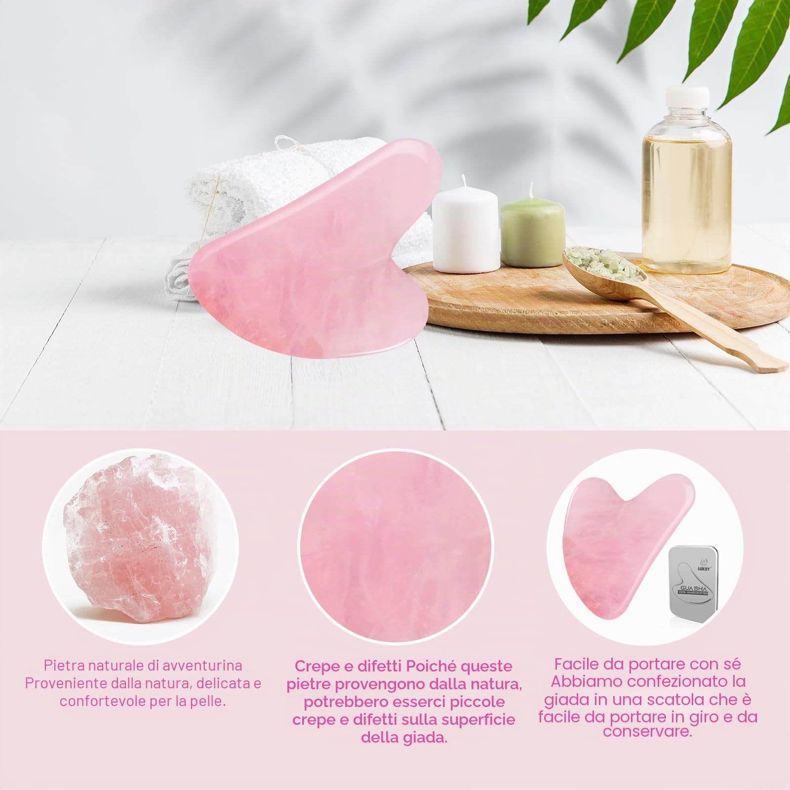 Gua Sha Pietre viso giada pietra a forma di cuore Guasha Board strumento di massaggio antigraffio per viso, occhi, collo per la cura della pelle (rosa)