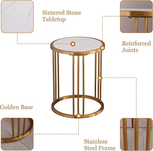 Miniatura 4 de RXRRXY Sintered Stone Round Side Table, Small End Table with Sintered Stone Tabletop and 9 Golden Stainless Steel Legs &amp; Frame, Easy Clean