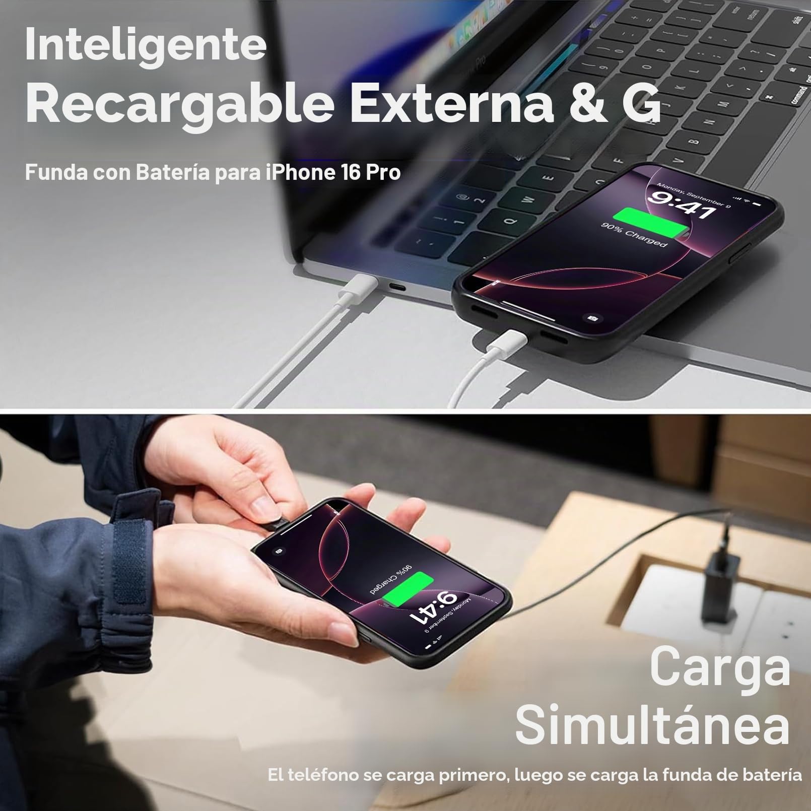 Funda de batería para iPhone 16 Pro (6.3 pulgadas), 7000 mAh, ultradelgada, 15 W, cargador rápido portátil, protección de 360°, batería extendida recargable para iPhone 16 Pro, color negro