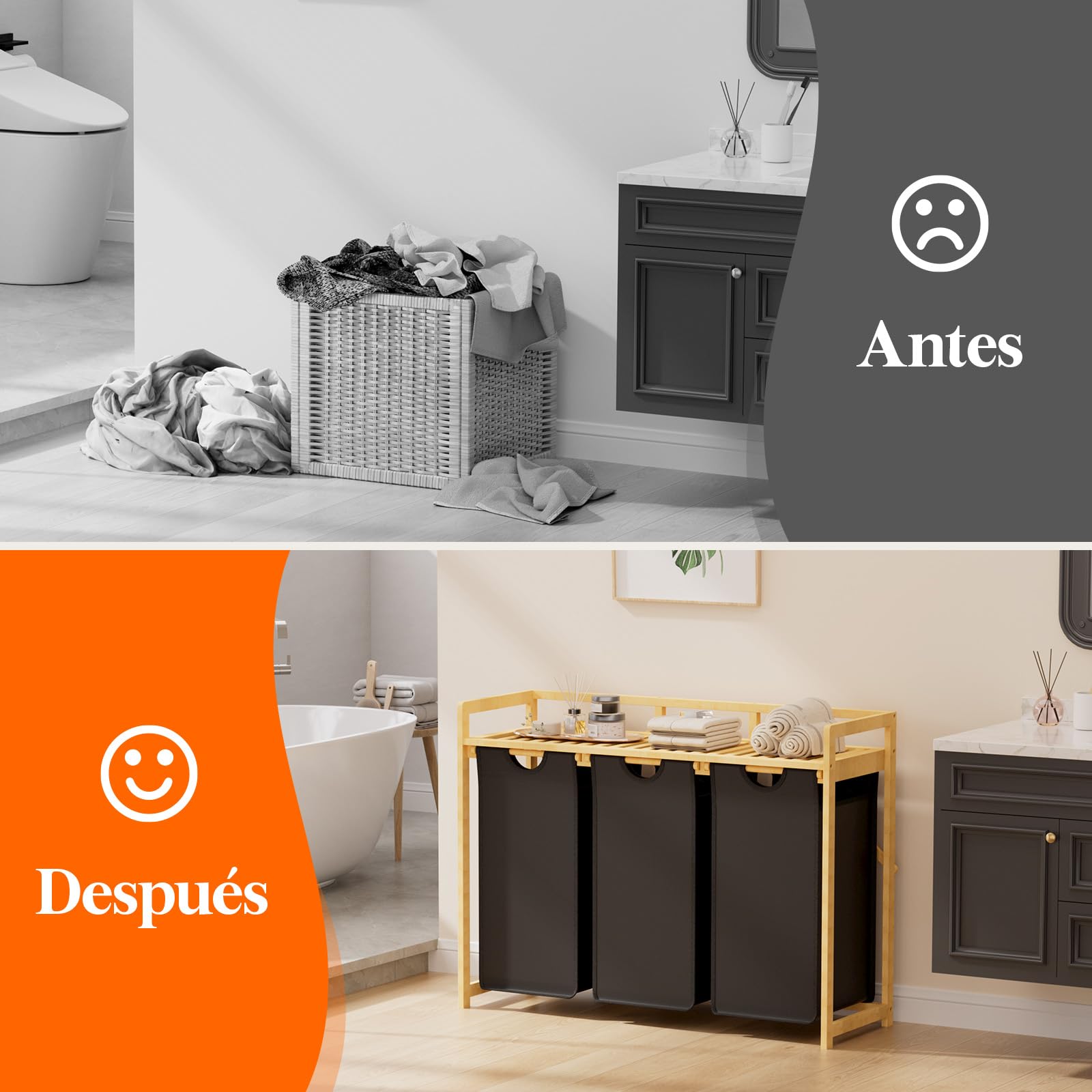 Lifewit Cesto para la Ropa 150L con 3 Compartimentos, Gran Cesta de Ropa con 3 Bolsas Extraíbles, Mueble para Ropa Sucia para Dormitorio, Baño, Lavadero, Negro