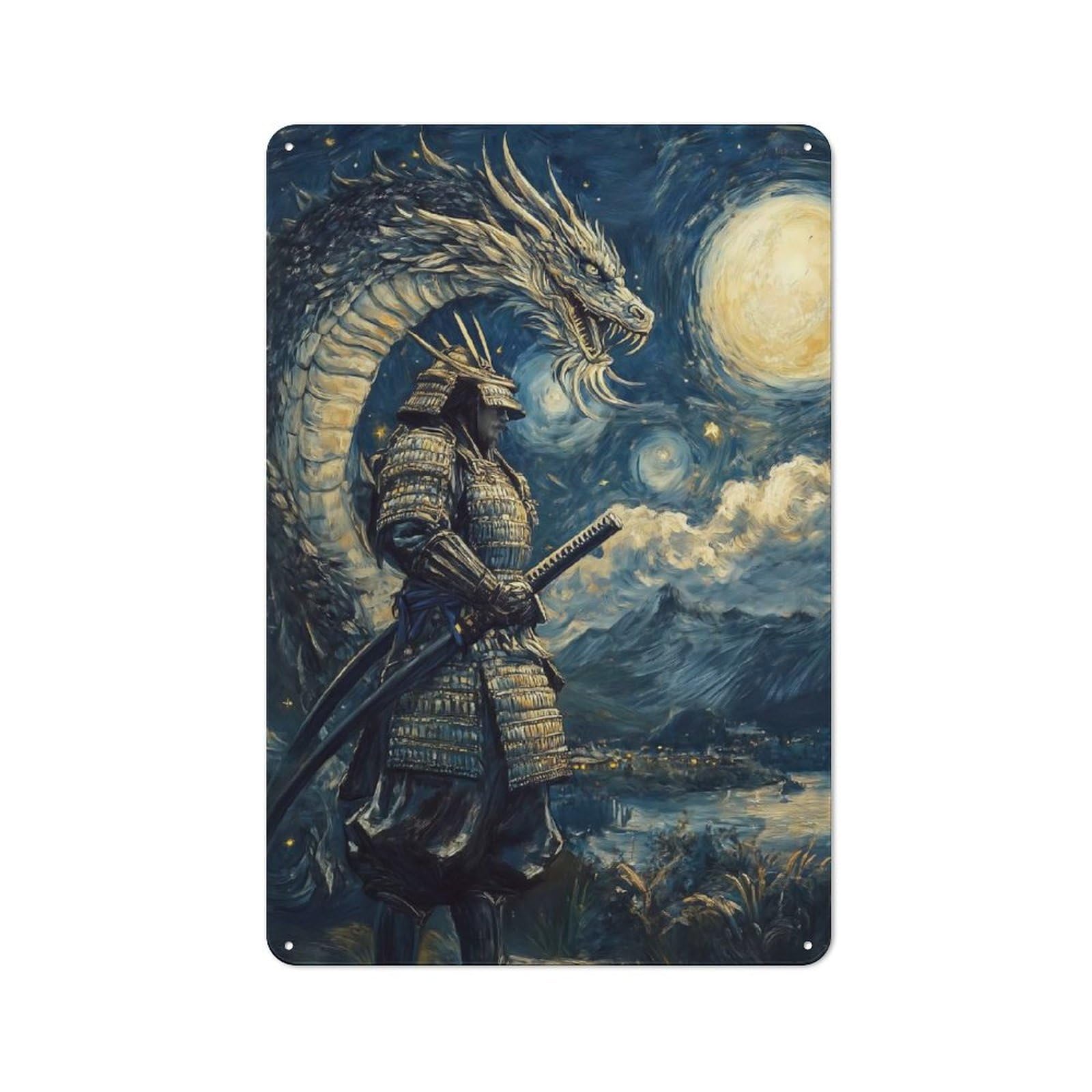 Junmoney Style Tin Wall Plaque 30X20cm With Samurai And Dragon For Garage Wall, With Clear Vintage Wall Decor Character