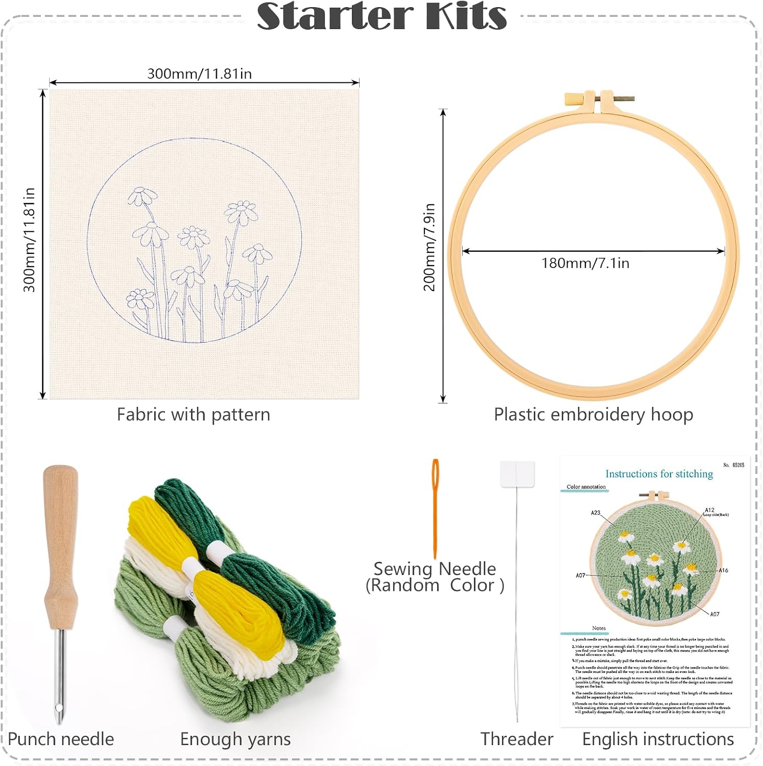 JSRQT Punch Needle Embroidery Starter Kits,Rug Hooking Kit for Adults and Beginners,Handcraft Punch Needle Kits with Embroidery Hoops,Flowers and Plants Pattern