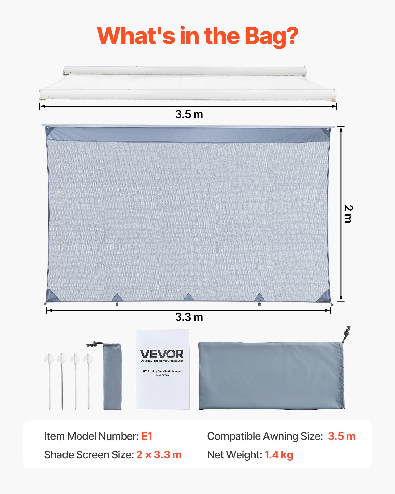 VEVOR Paroi Avant pour Store de Camping-Car de 2x3,3 m, Façade de Store Compatible avec Auvent de 3,5 m, Pare-Soleil pour Caravane Camping Voyage, en Maille Polyester Respirant, Double Couture
