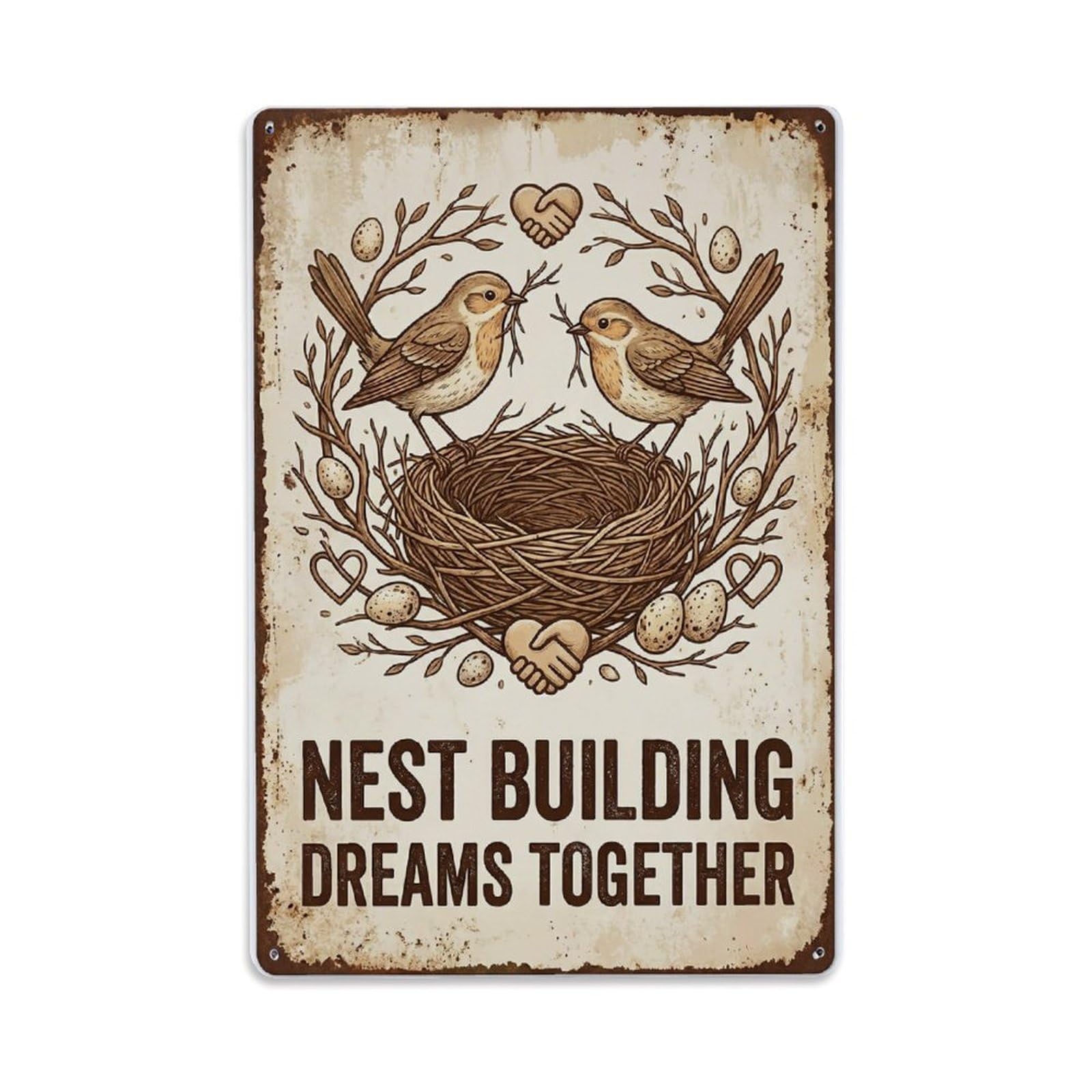 Fqnyr Style Nest Building Dreams Together Birds Metal Tin Sign Plaque Wall Decor For Cafe, Club Bar, Office, Home Garden Metal Poster 8X12inch