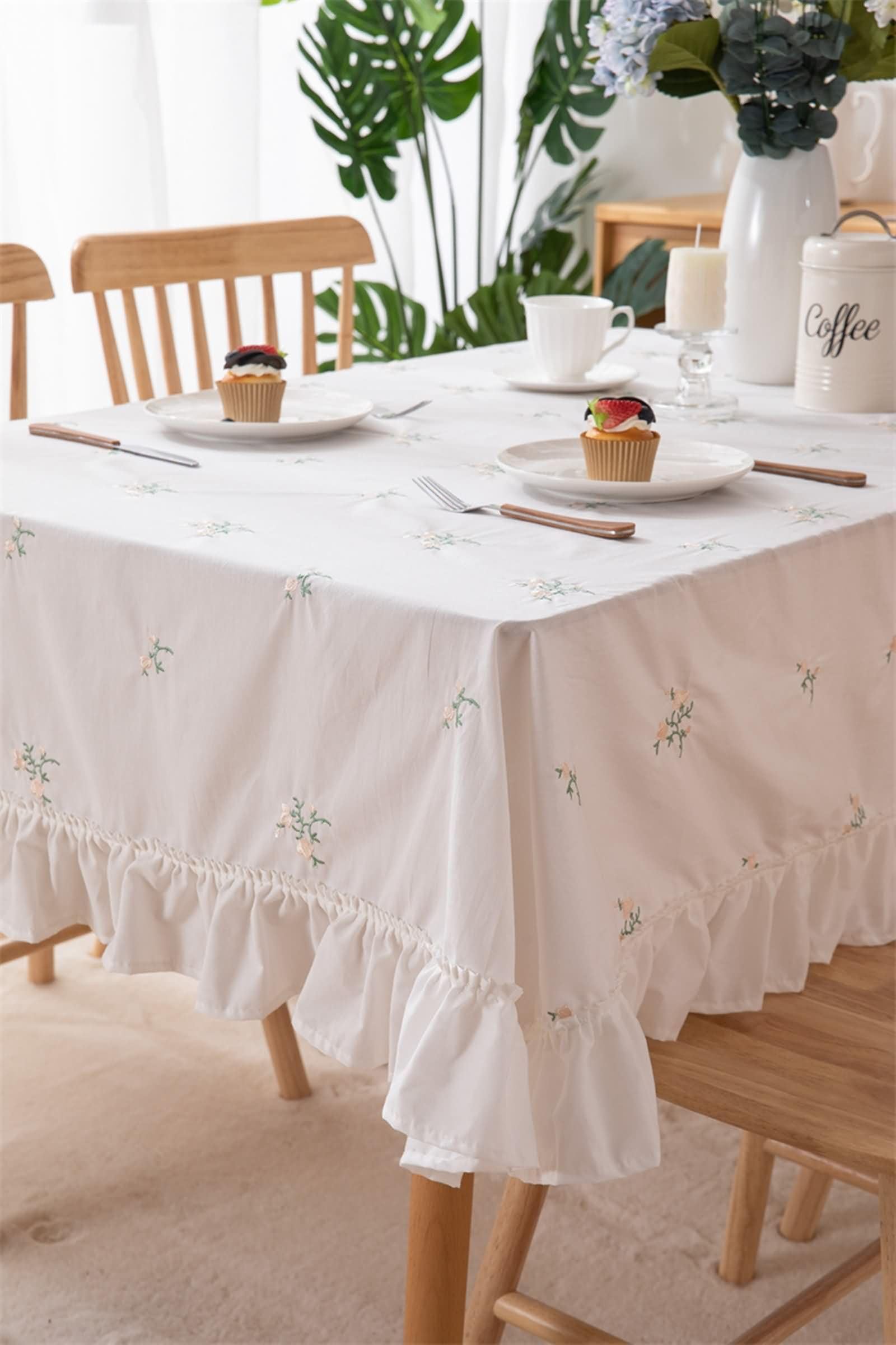 Mantel Exterior Antimanchas para Mesa Rectángulo 150 W x 300 L CM,Mantel Mesa Salón Decorativa Verde Patrón de Flores con Volante Algodón Mantel Mesa Comedor