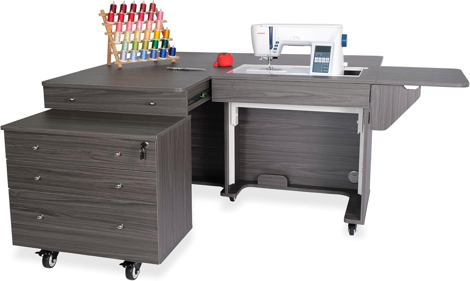 Gray Hydraulic Lift Sewing Cabinet with Rolling Storage Caddy