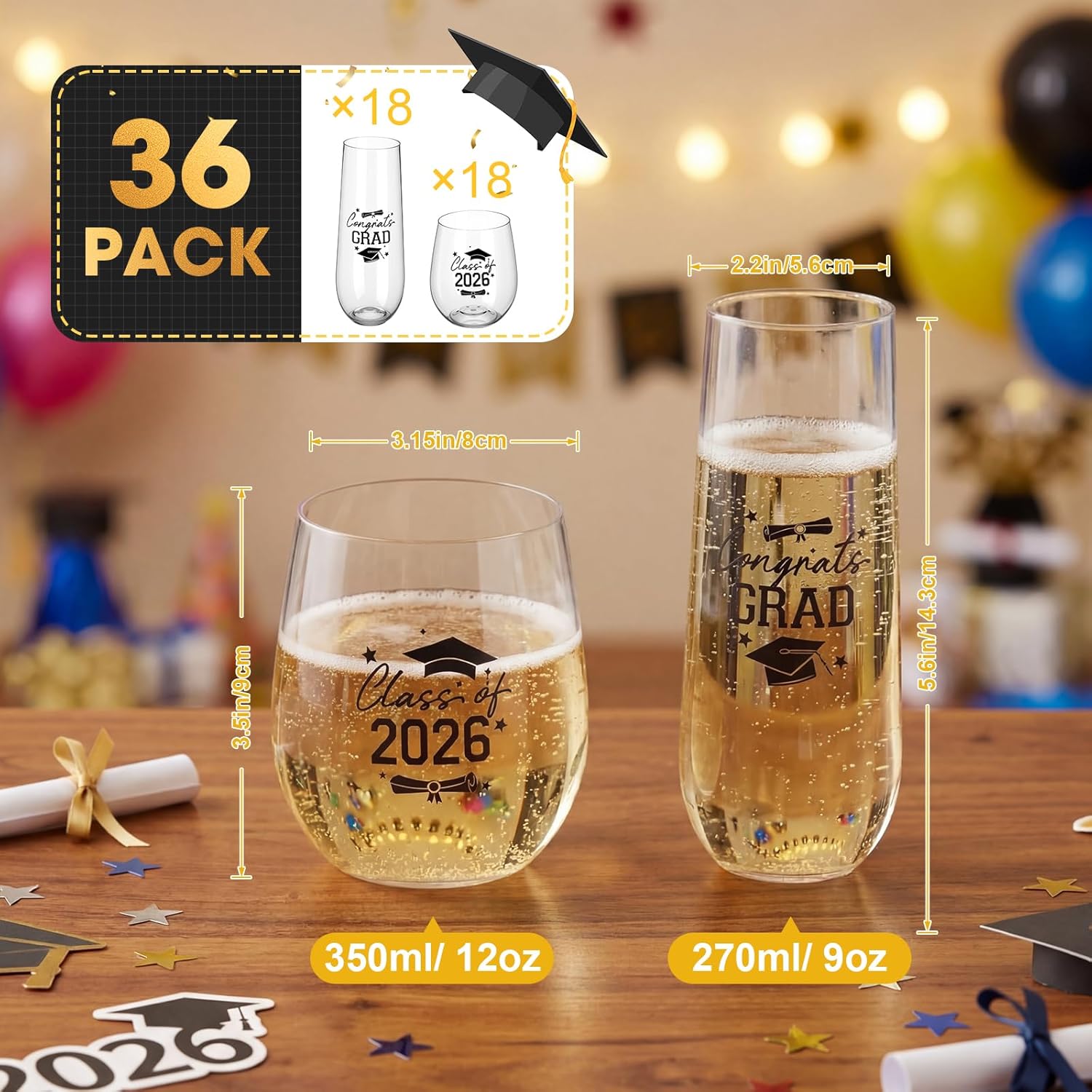 Remerry 36 Pack Graduation Stemless Plastic Wine Glasses 9 oz & 12 oz Class of 2026 Disposable Champagne Flutes Cups Heavy Duty Shatterproof Toasting Cocktail Glasses for Graduation Parties, Bars