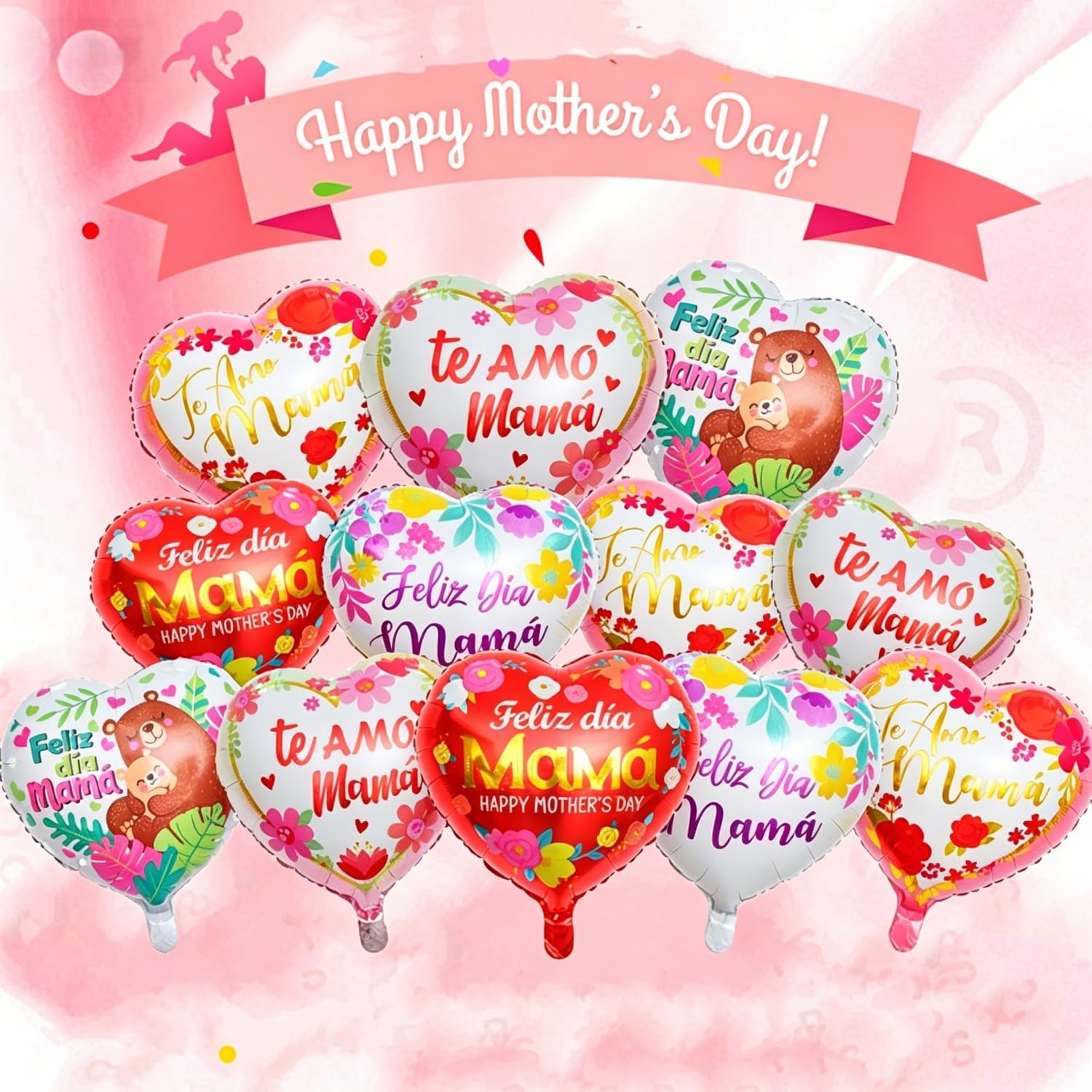 Happy Mother's Day Balloons 20Pcs 18inch Aluminum Foil Balloons Feliz Dia Mama Heart Balloons for Mother's Day Birthday Party Decorations