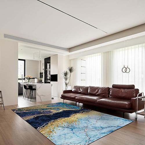 Miniatura 4 de Alfombra de área con textura de mármol degradado azul marino, dorado, moderno, abstracto, cartucho, dorado, para interiores, con respaldo