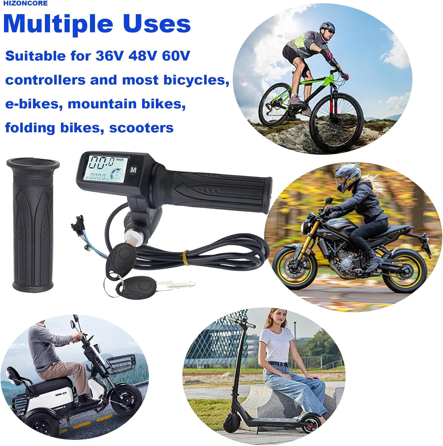 Full Twist Throttle, 8 Pin EBike Throttle 36V/48/60V Universal with 3 Speed Adjustment, LCD Speed Display, Key Switch, Electric Scooter Twist Grip for E-Bike, Motorcycle