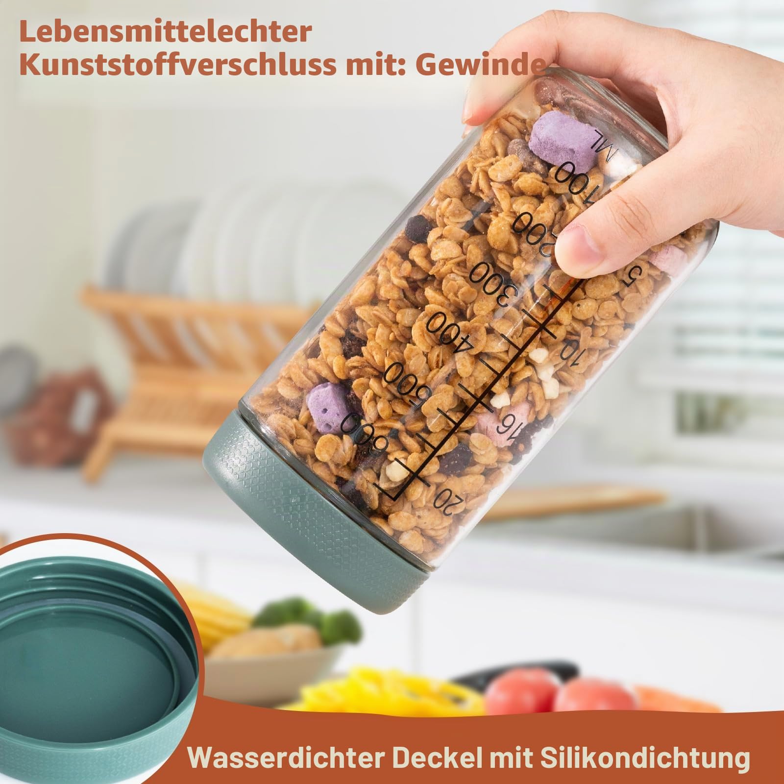 4 Stück Meal Prep Gläser 750ml, Overnight Oats Gläser, Messmarkierungen, Borosilikatglas Einmachgläser mit Schraubverschluss & Luftdichtung, Stapelbare Vorratsgläser für Salat,Joghurt,Pudding