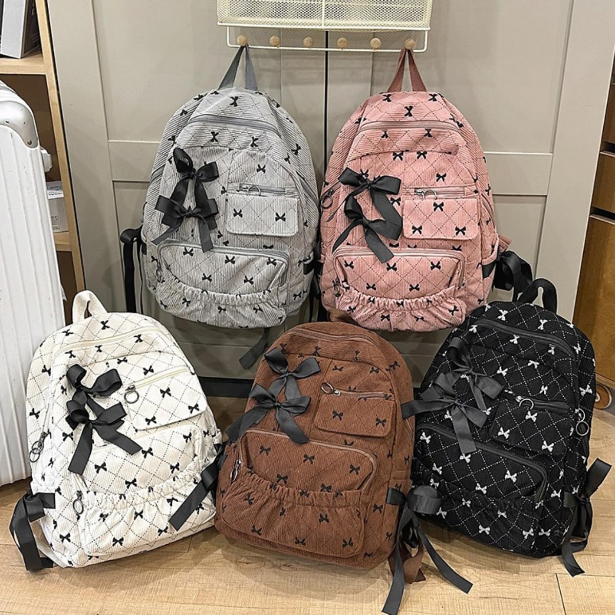 Y2K Corduroy Backpack for Women Cute Bow Preppy Large Capacity Lightweight College Bag Casual Kawaii Travel Daypack