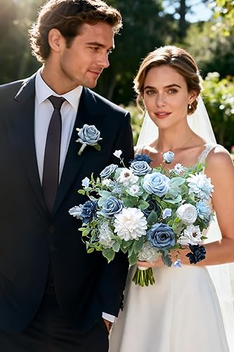 Miniatura 2 de rongflower - Juego de caja de flores artificiales azules, flores de seda, rosas falsas para arreglos florales DIY, ramos de boda, centros de mesa,