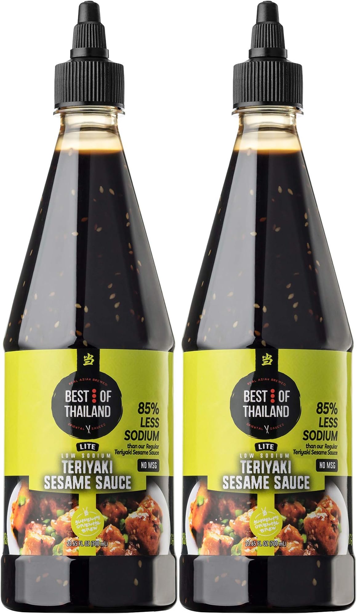 Best of Thailand Sesame Teriyaki Soy Sauce Lite | 2 Bottles of 23.63oz Low-Sodium Authentic Asian-Brewed Marinade, Glaze, Salad Dressing & Dipping Sauce, Whole Sesame Seeds | No MSG, 85% Less Sodium