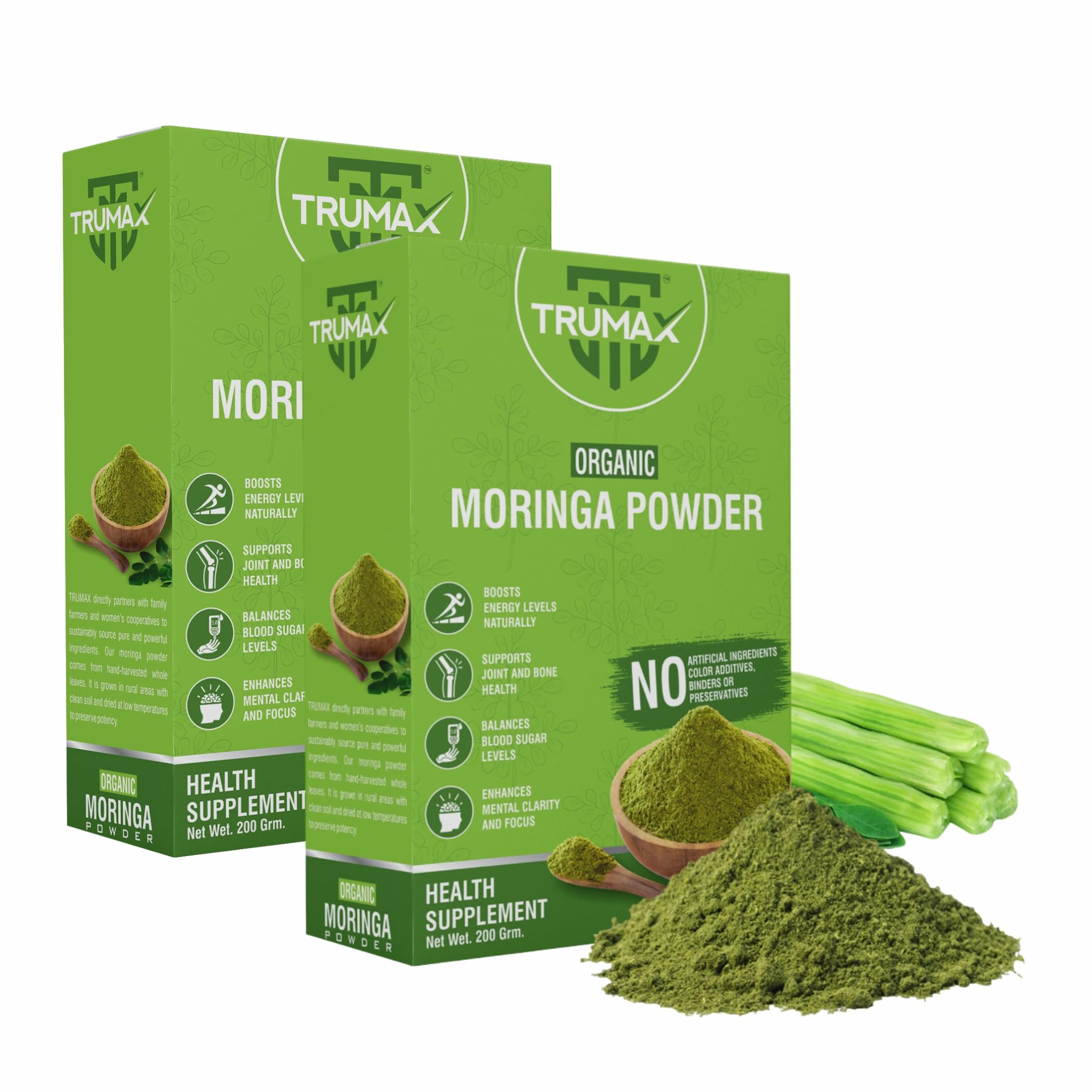 TRUMAX Organic Moringa Powder (200g) |Drumstick Leaf Powder | Natural Multi-vitamin |Good for Immunity, Digestion, skincare and Haircare | 100% Natural and Preservative-free (Pack of 2)