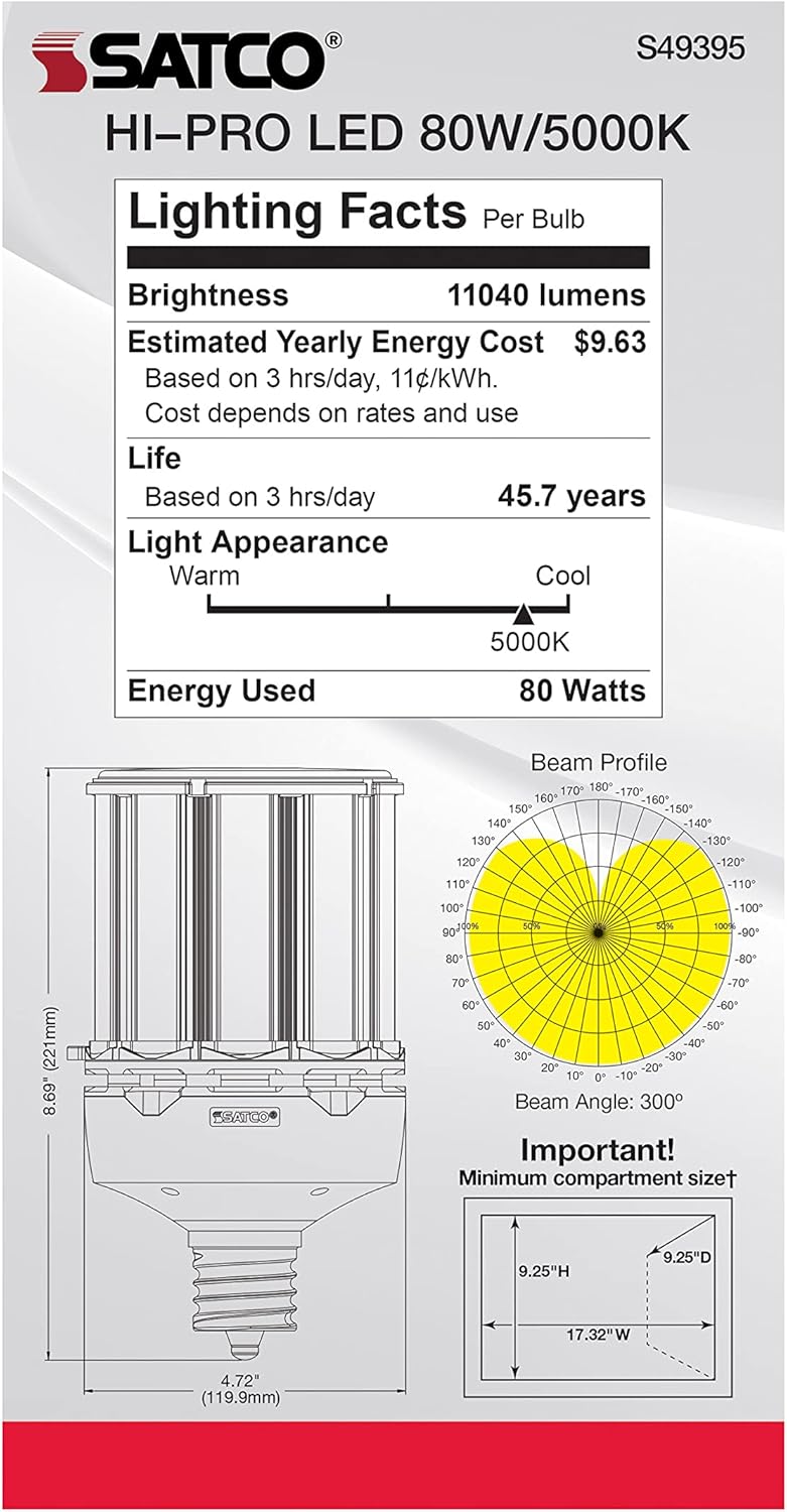 Satco S49395 LED B11 Light Bulb, 80W, 11040L, 5000K, 35000 Hour Rating, Natural Light