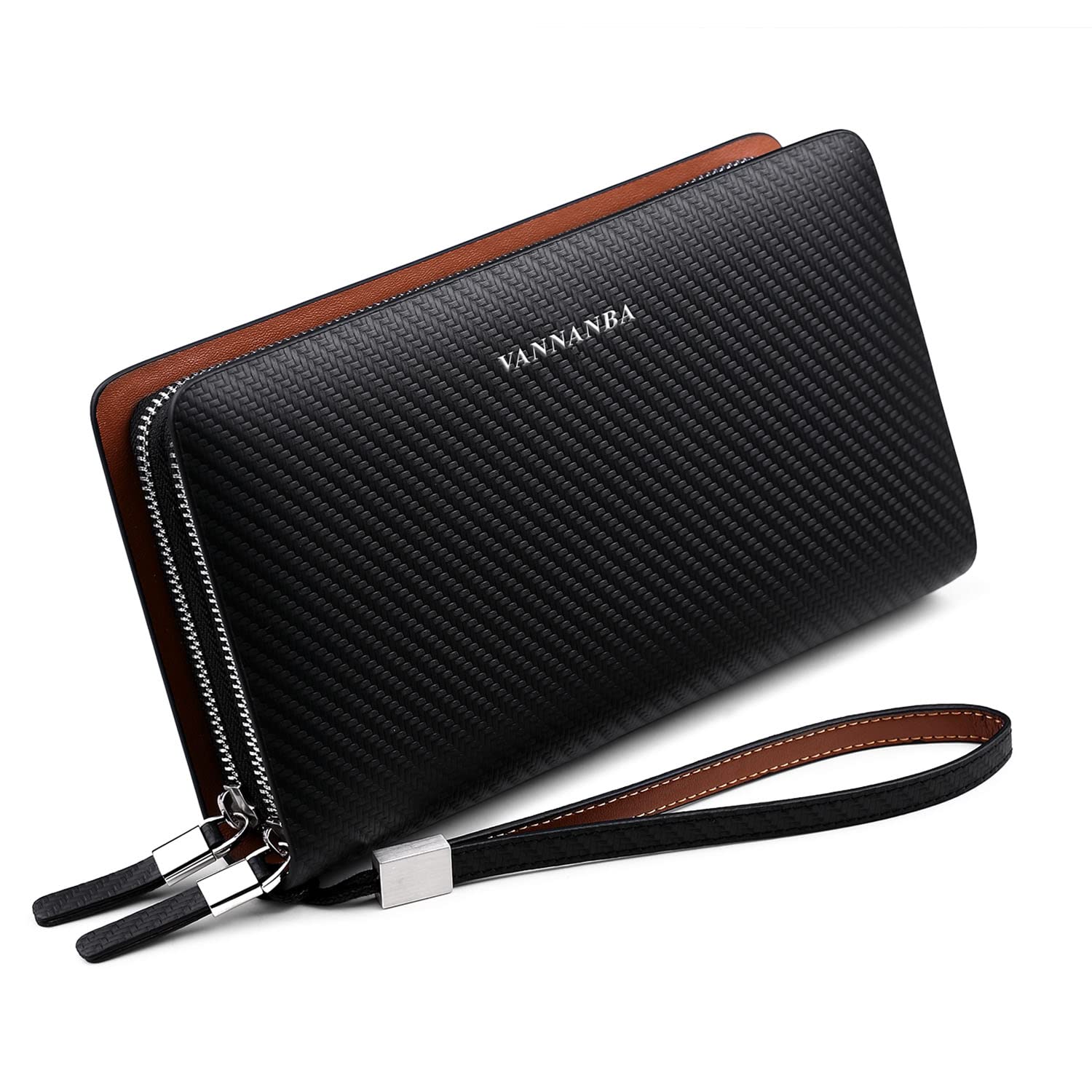 Men Clutch Wallet Large Leather Clutch Bag Business Double Zip Handbag Blue Black