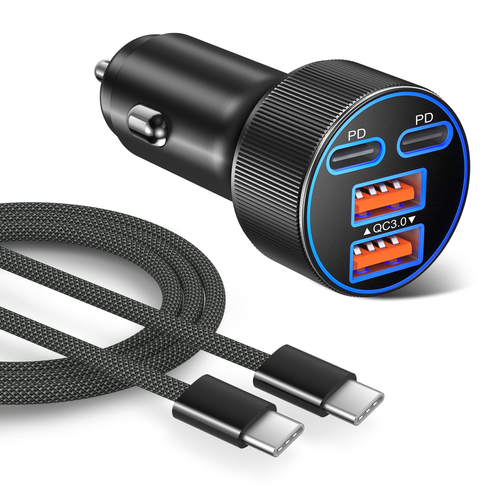 Cargador de coche de 90 W con cable USB C a C de 6 pies, 1 juego (cargador negro + cable negro)