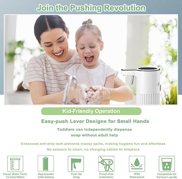 Push-Activated Automatic Foaming Soap Dispenser,Soap Dispenser for Kitchen,Continuous Flow Control 400ml Capacity,AA Battery Powered Waterproof Adjustable Volume Soap Dispenser for Bathroom&Kitchen