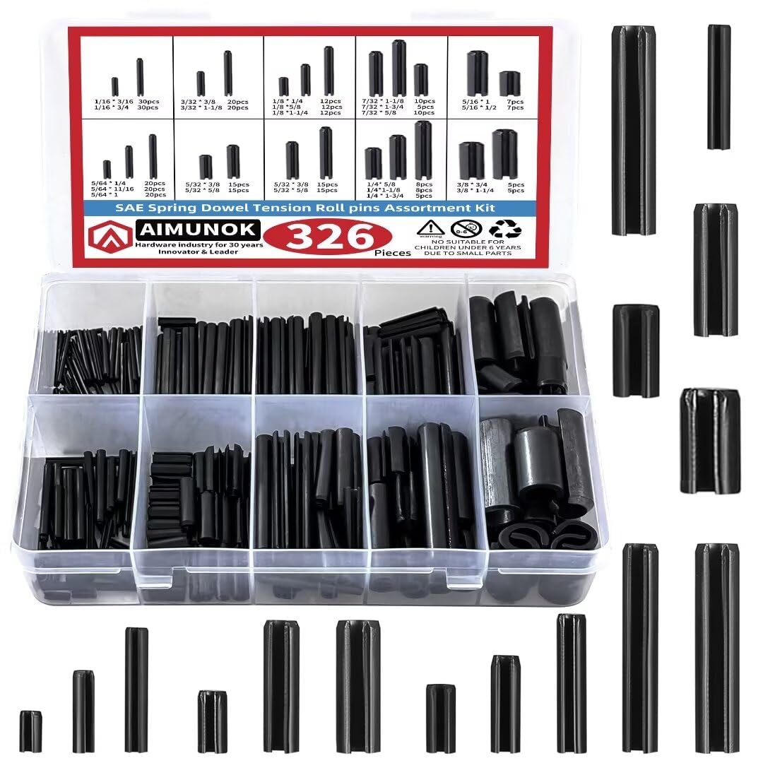 AIMUNOK 326PCS Roll Pin Set - 24 Sizes Spring Dowel Tension Roll Pins - 1/8 1/4 3/8 1/16 5/64 3/32 5/16 5/32 7/32 Split Expansion Pin Assortment Kit