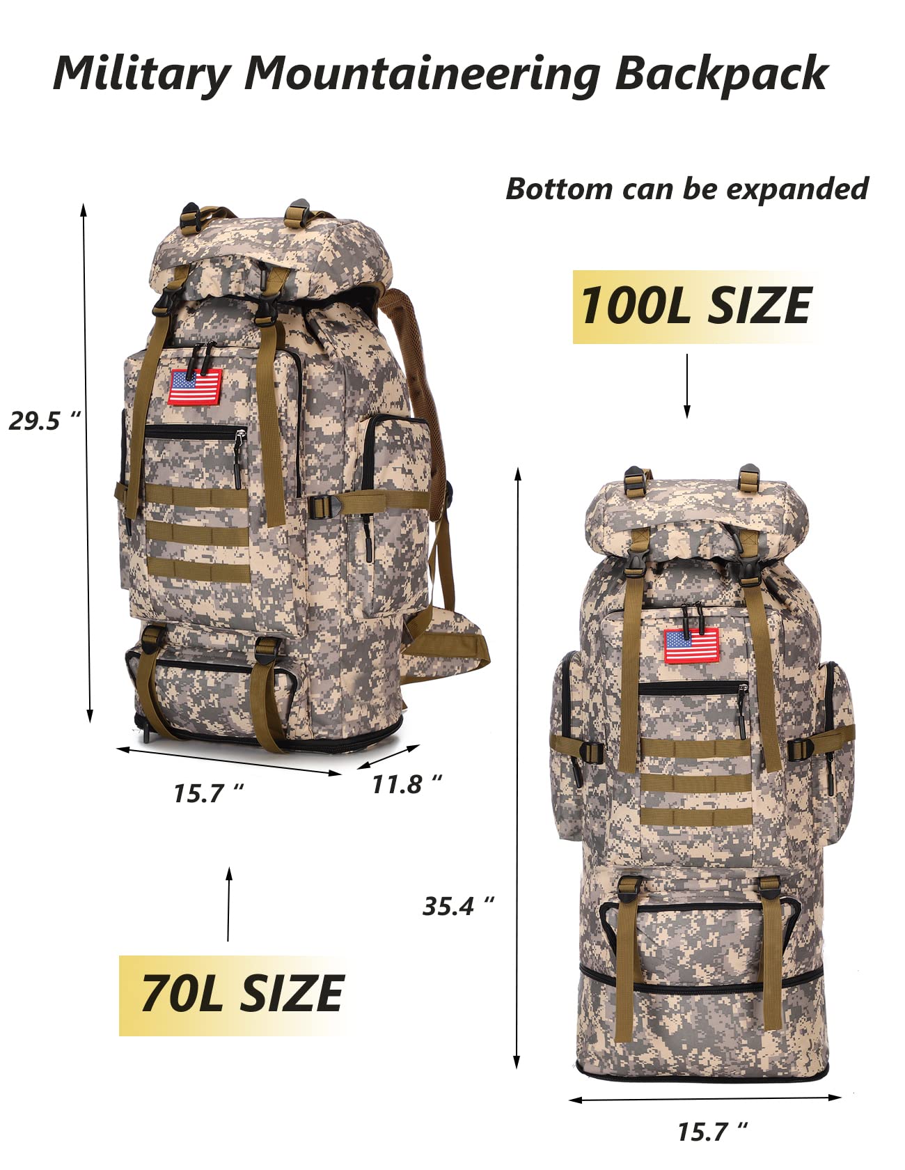 Mochila impermeable que acampa que camina 70L/100L Molle mochila grande Daypack para viajar, camuflado (City Camo), Deporte 2