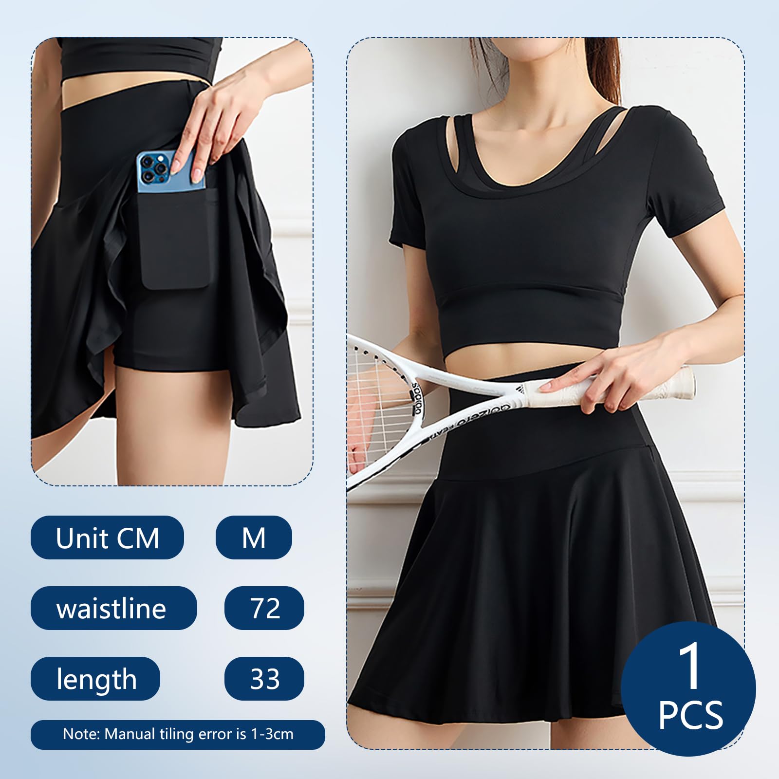 Rock mit Hose Drunter Tennis Sportrock Damen V Bund Hohe Taille Rock Damen Plissiert Tennisrock Geeignet für Golf Tennis Volleyball Laufen Fitnessstudio (Schwarz,M)