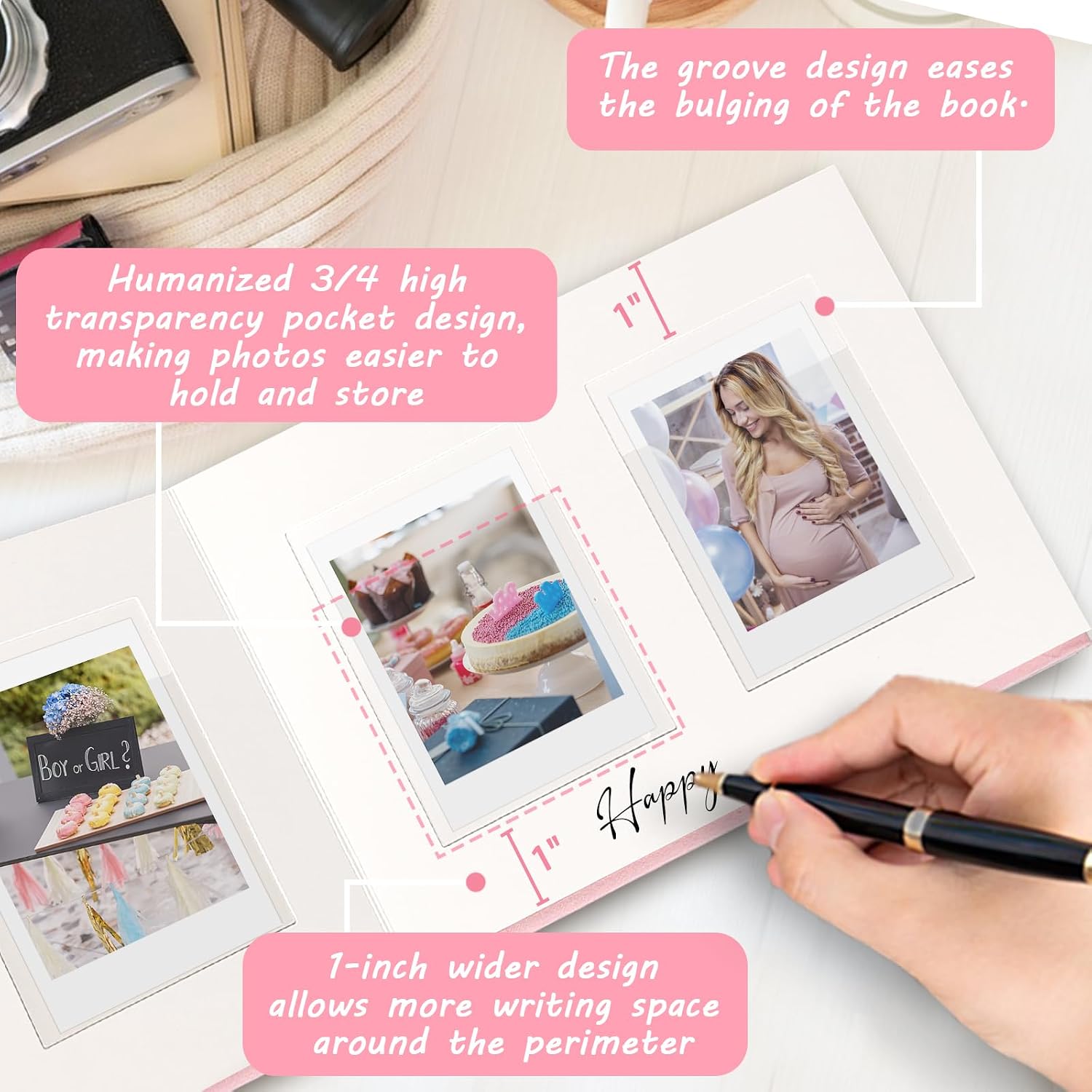 3 Inch Instax Mini Photo Album Linen Hardcover with 52 Pockets - Extra Wide Writing Space for Fujifilm,Digital Camera,HP Sprocket & KPOP Photo Cards,Premium Acid-Free Photo Book Gift (Pink) image 4
